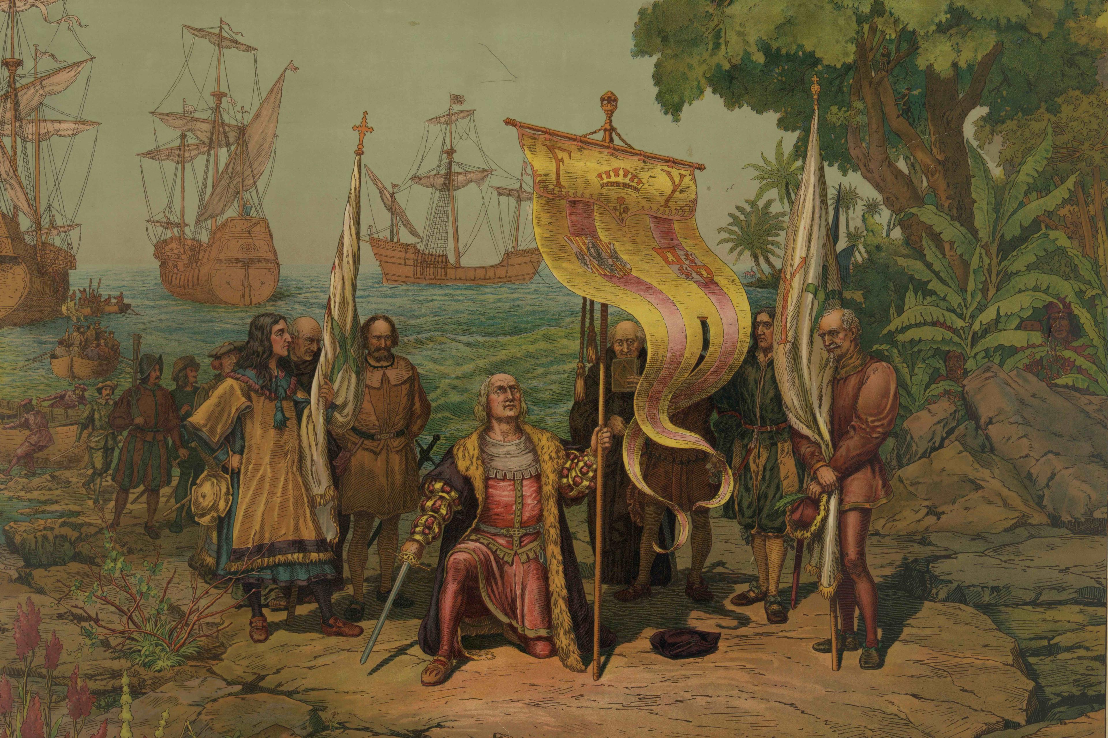 Painting of a historical scene with ships and a group of people onshore, central figure holding a flag in a tropical setting.