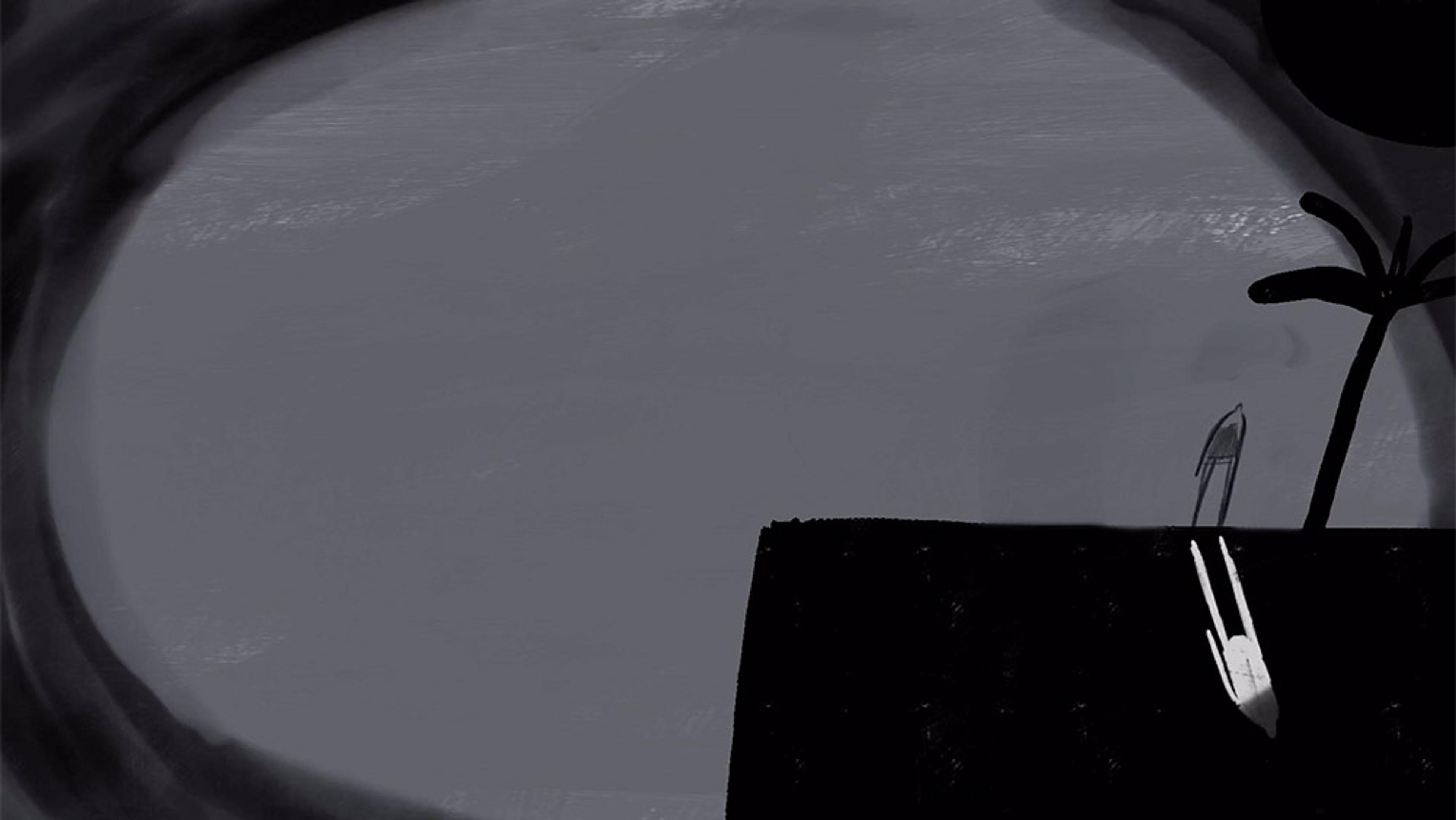 Minimalist painting of a figure hanging off a dark cliff edge with palm trees, set against a grey background, evoking a solitary mood.