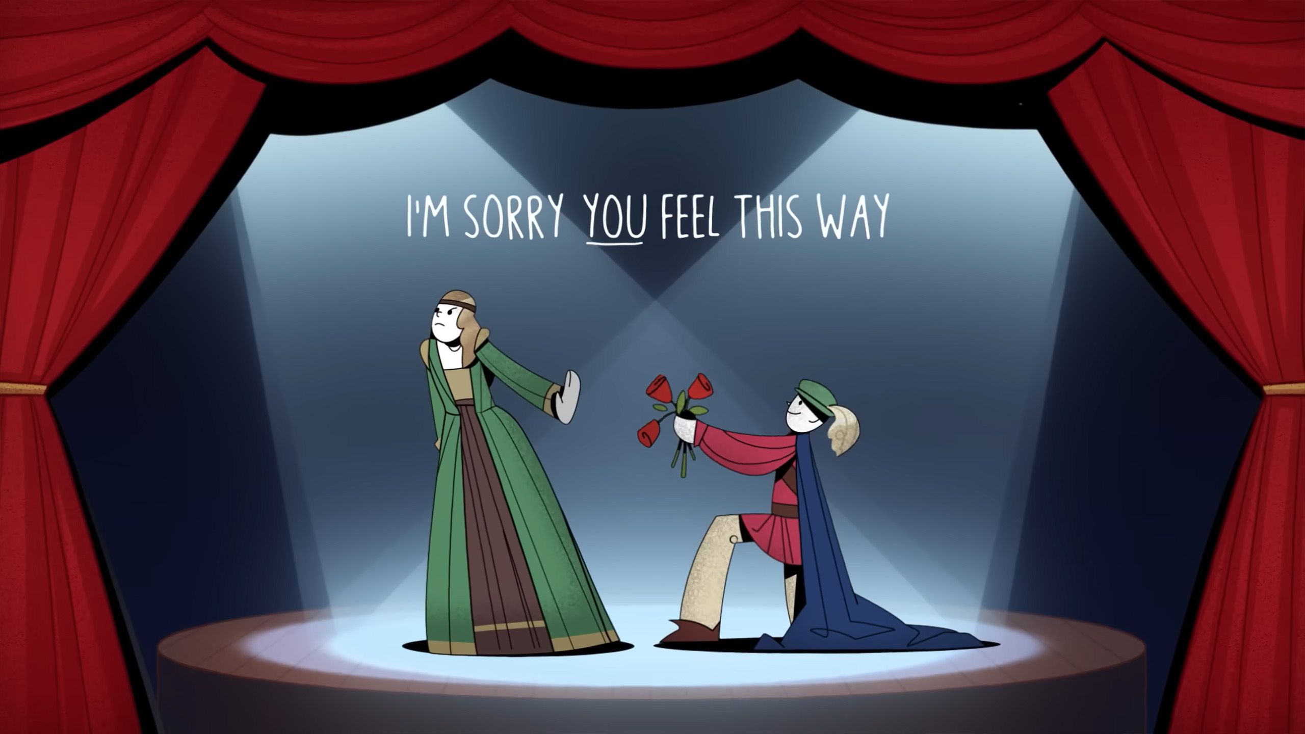 Painting of two figures on stage, one kneeling offering roses, the other turning away, with “I’m Sorry You Feel This Way” above.
