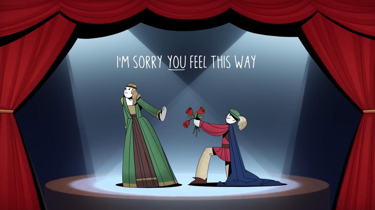 Painting of two figures on stage, one kneeling offering roses, the other turning away, with “I’m Sorry You Feel This Way” above.