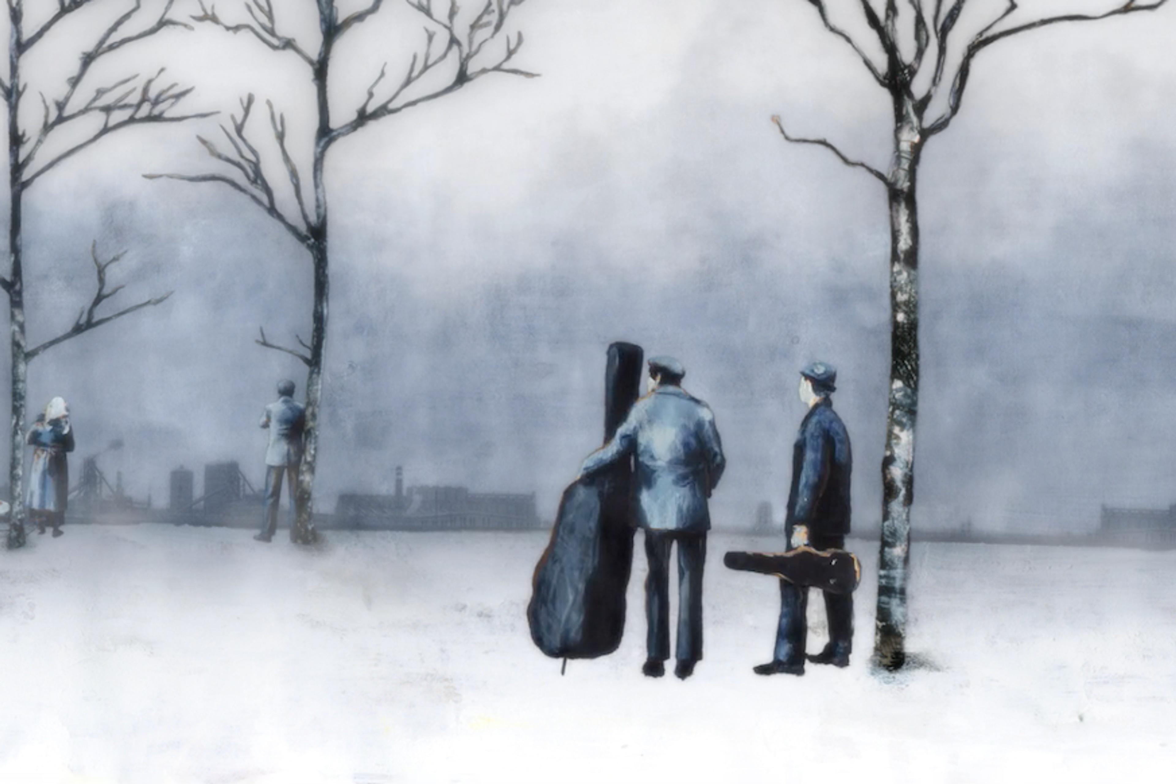 Painting of two musicians standing by bare trees in a snowy landscape with two distant figures and a city skyline in the background.