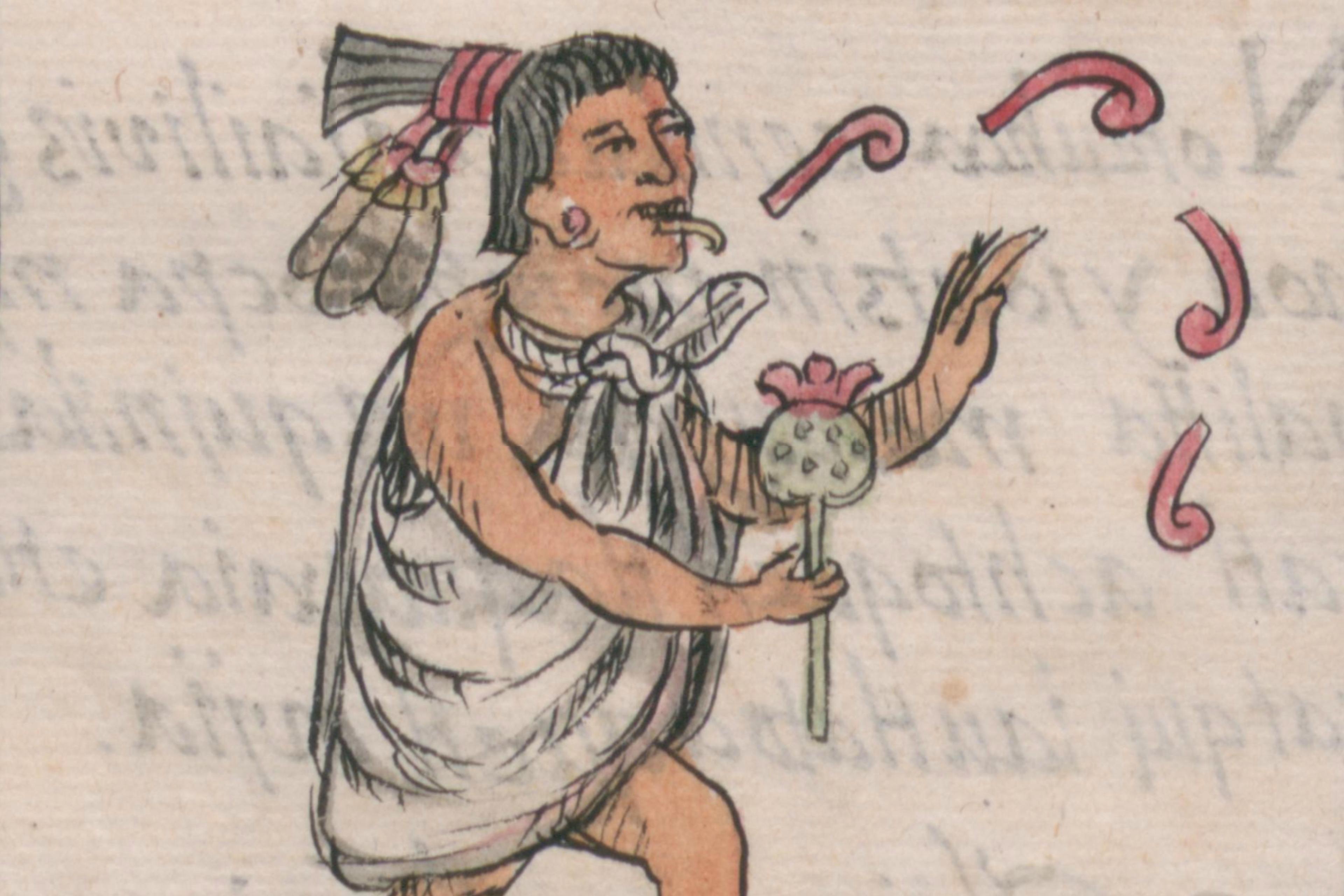 Watercolour illustration of an Aztec person walking, holding a flowered staff, speech glyphs surrounding their head.