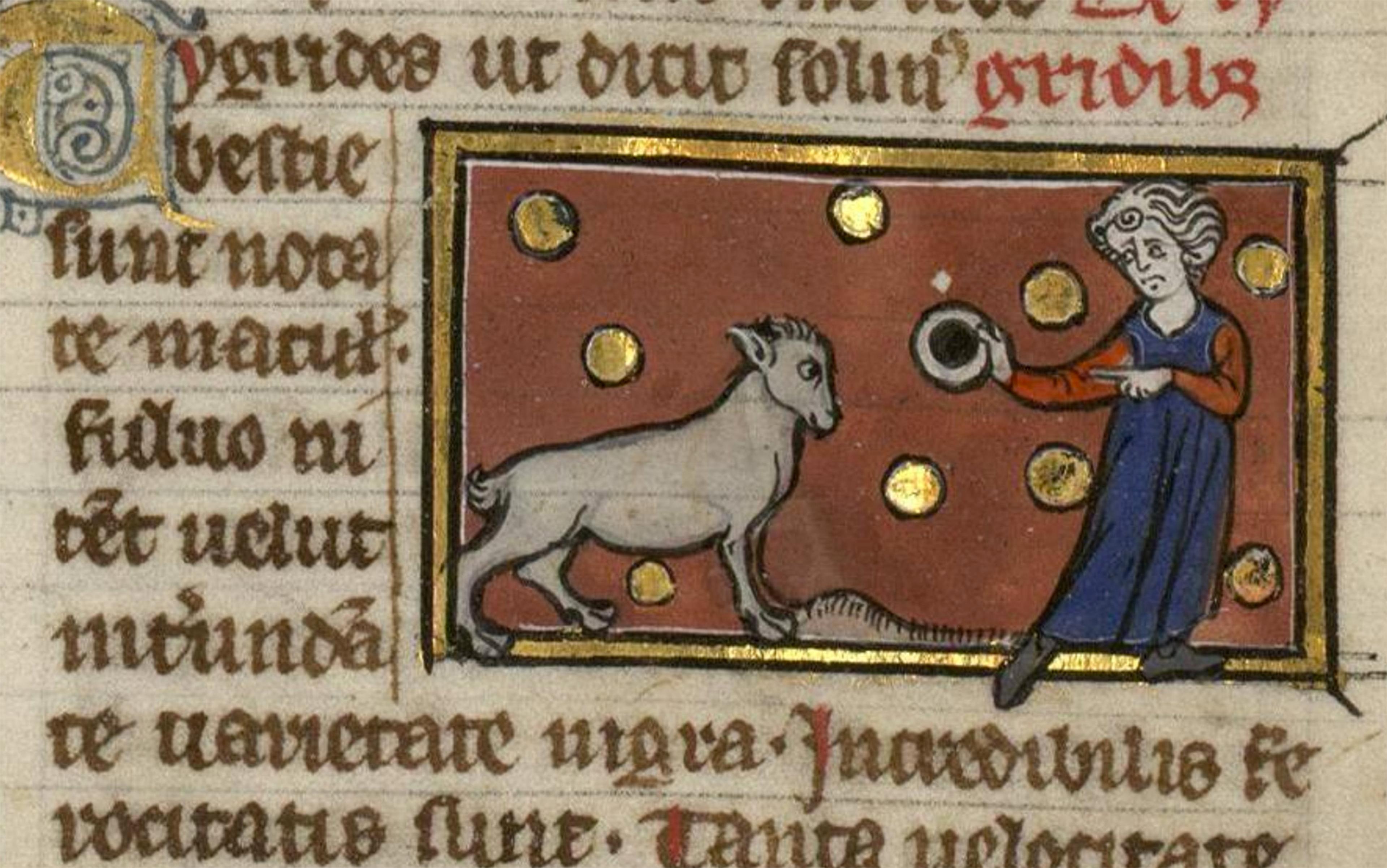 Medieval manuscript illustration of a goat and a person holding a disc, with gold circles in the background, surrounded by text in Latin script.