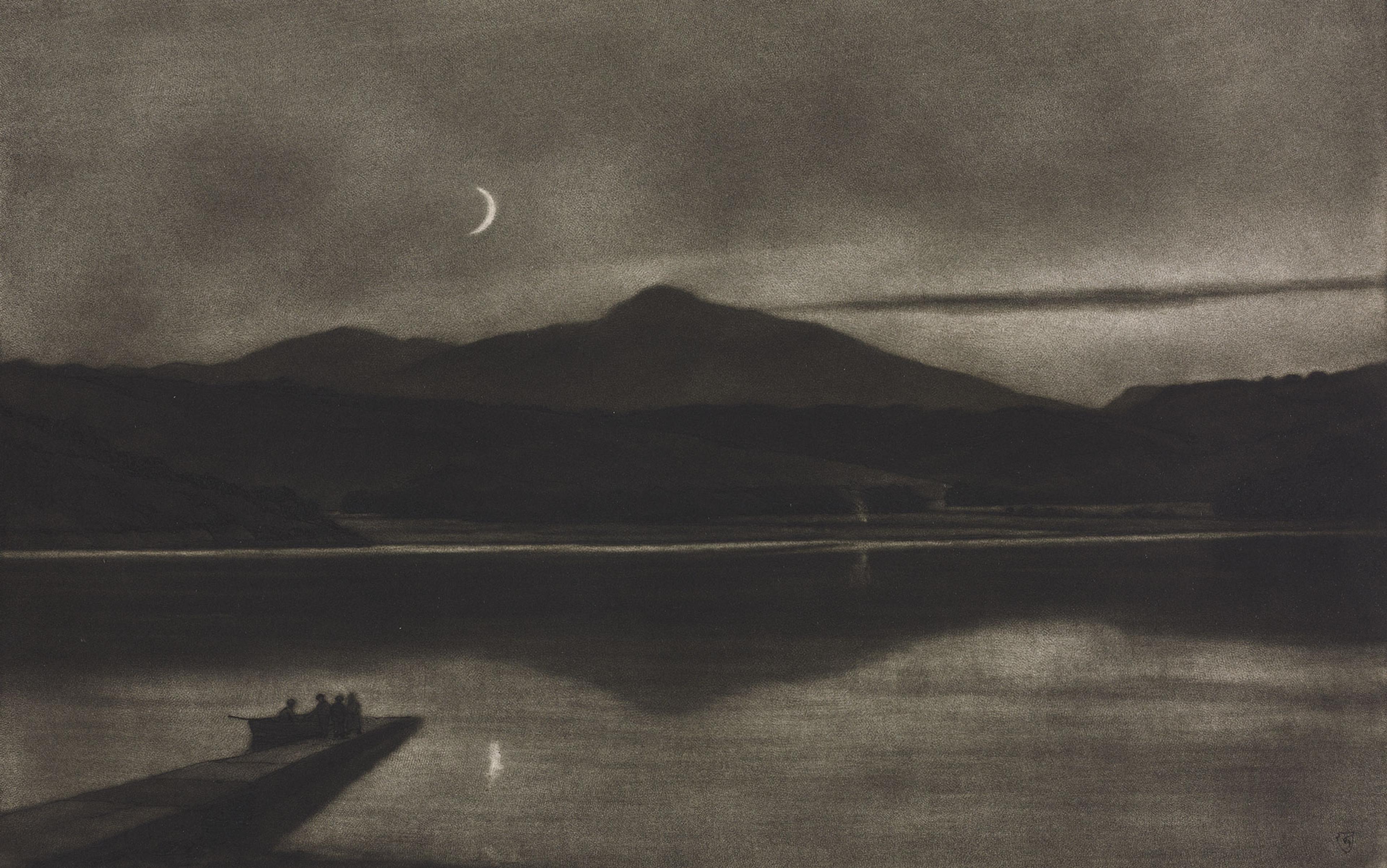 A monochrome painting of a moonlit lake scene with a mountain silhouette and figures on a pier under a crescent moon.