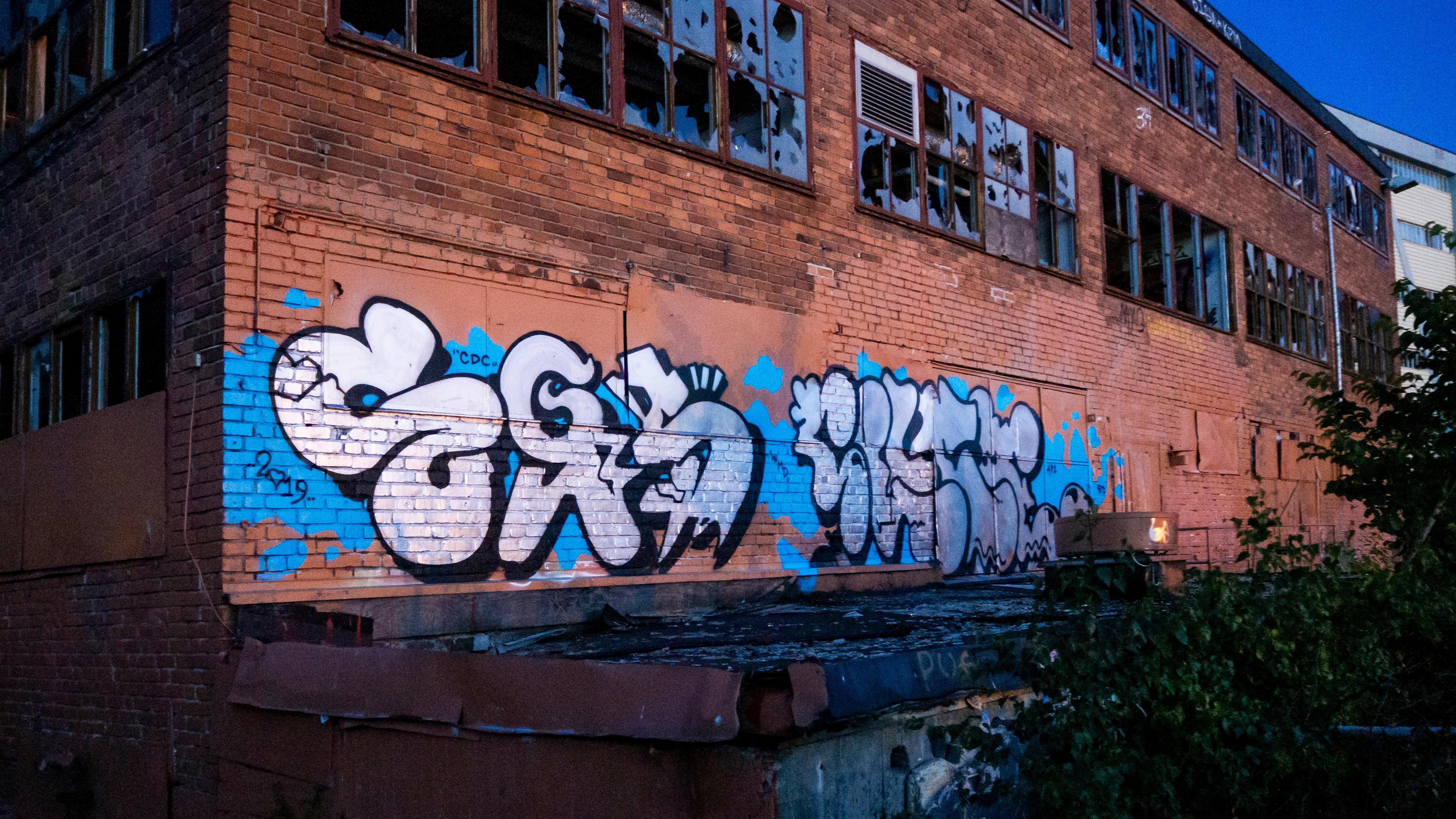 Photo of an abandoned brick building with graffiti on its walls broken windows and overgrown plants in the foreground.