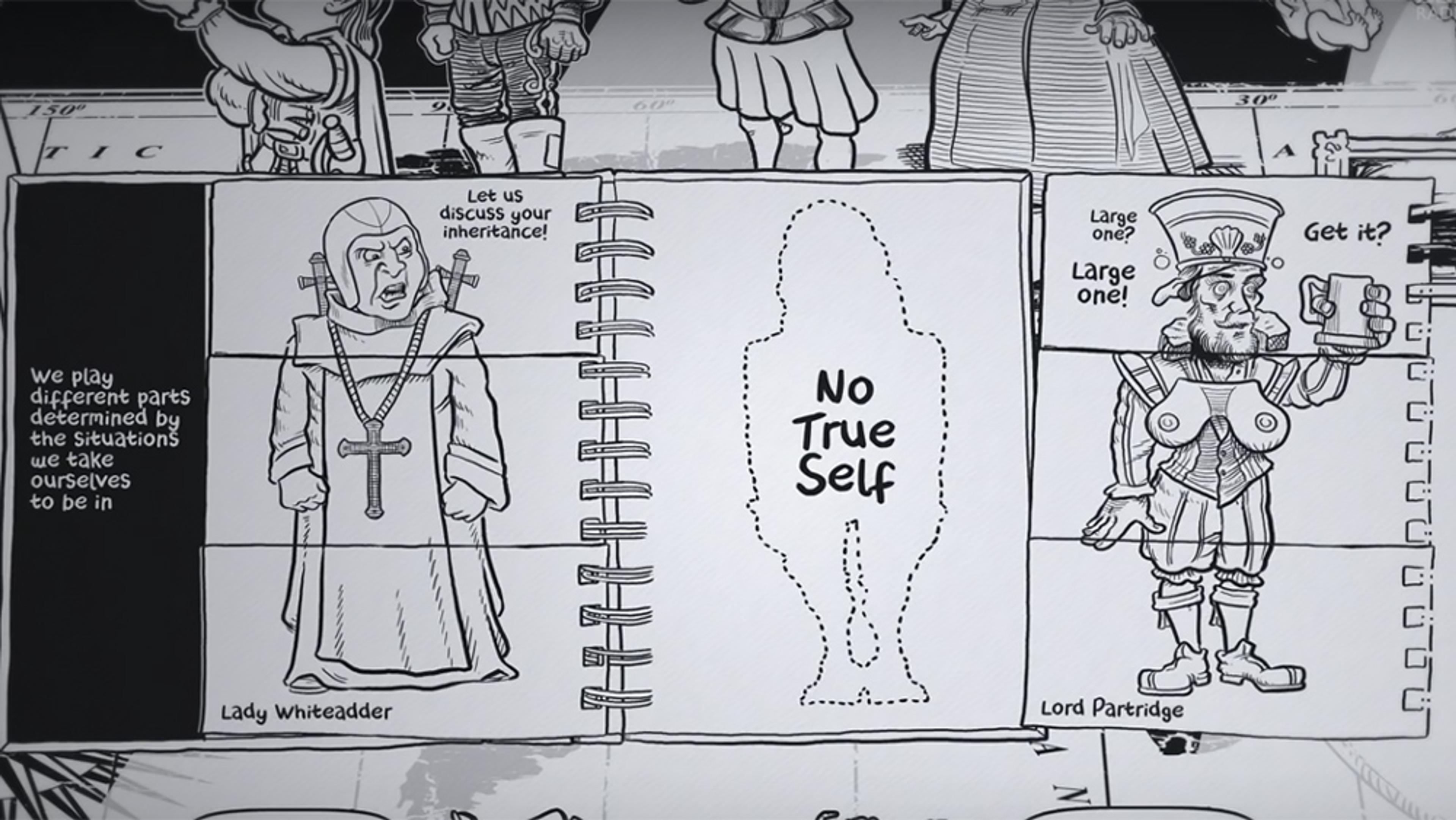 Black-and-white comic book style illustration of characters Lady Whiteadder and Lord Partridge with text about roles and identity.