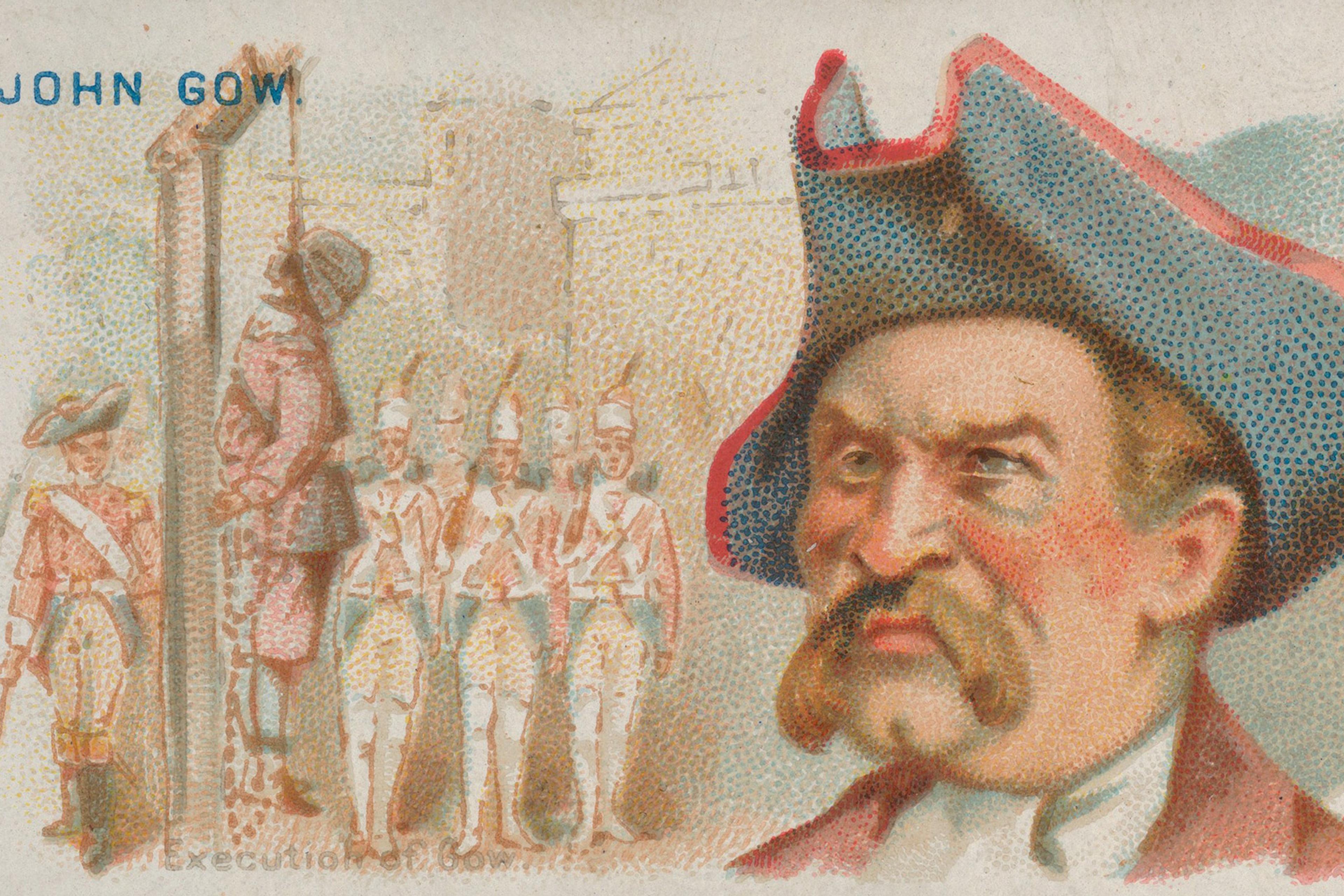 Vintage painting of John Gow; depicts his intense face in foreground, his hanging and soldiers in the background.