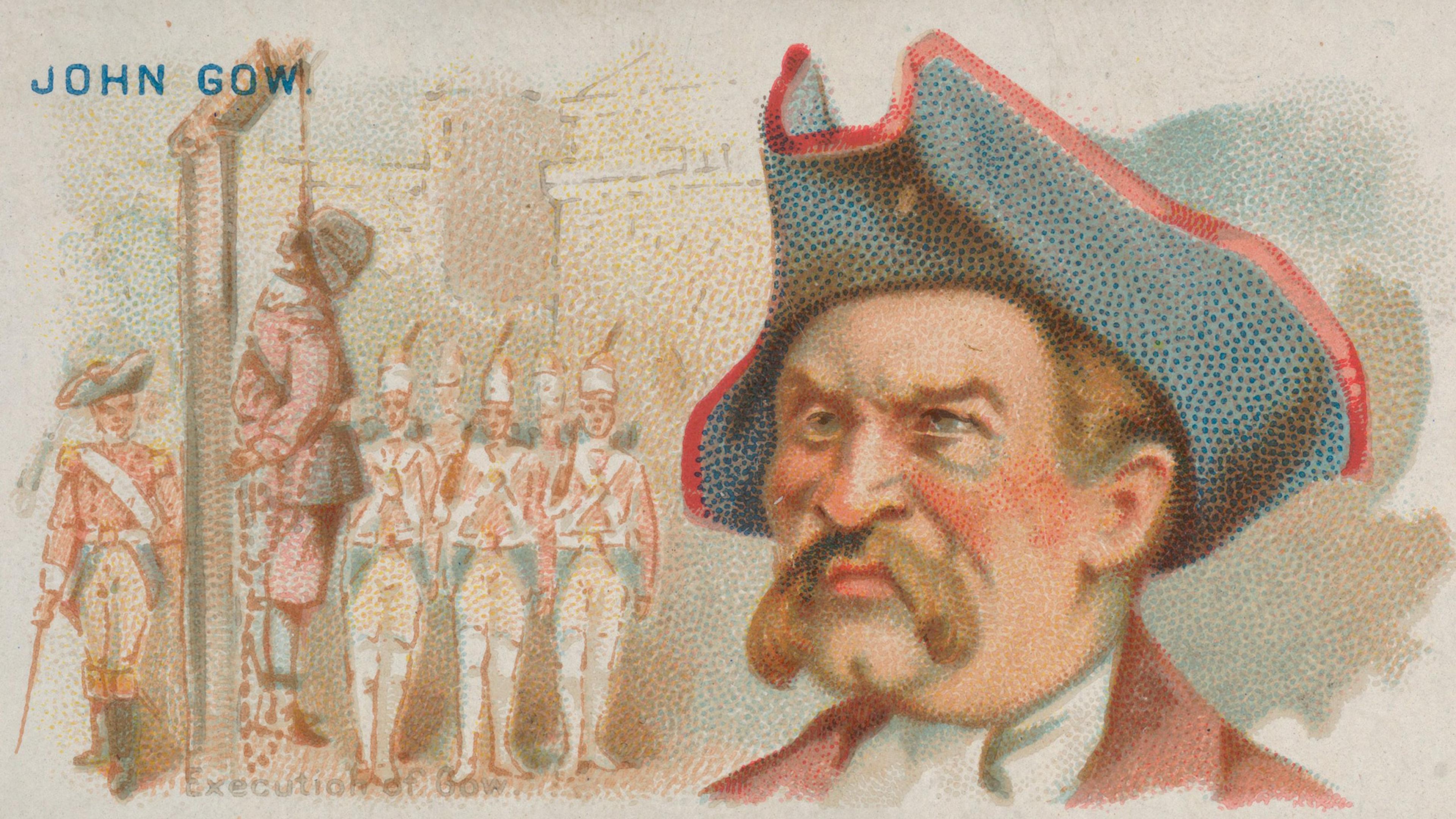 Vintage painting of John Gow; depicts his intense face in foreground, his hanging and soldiers in the background.