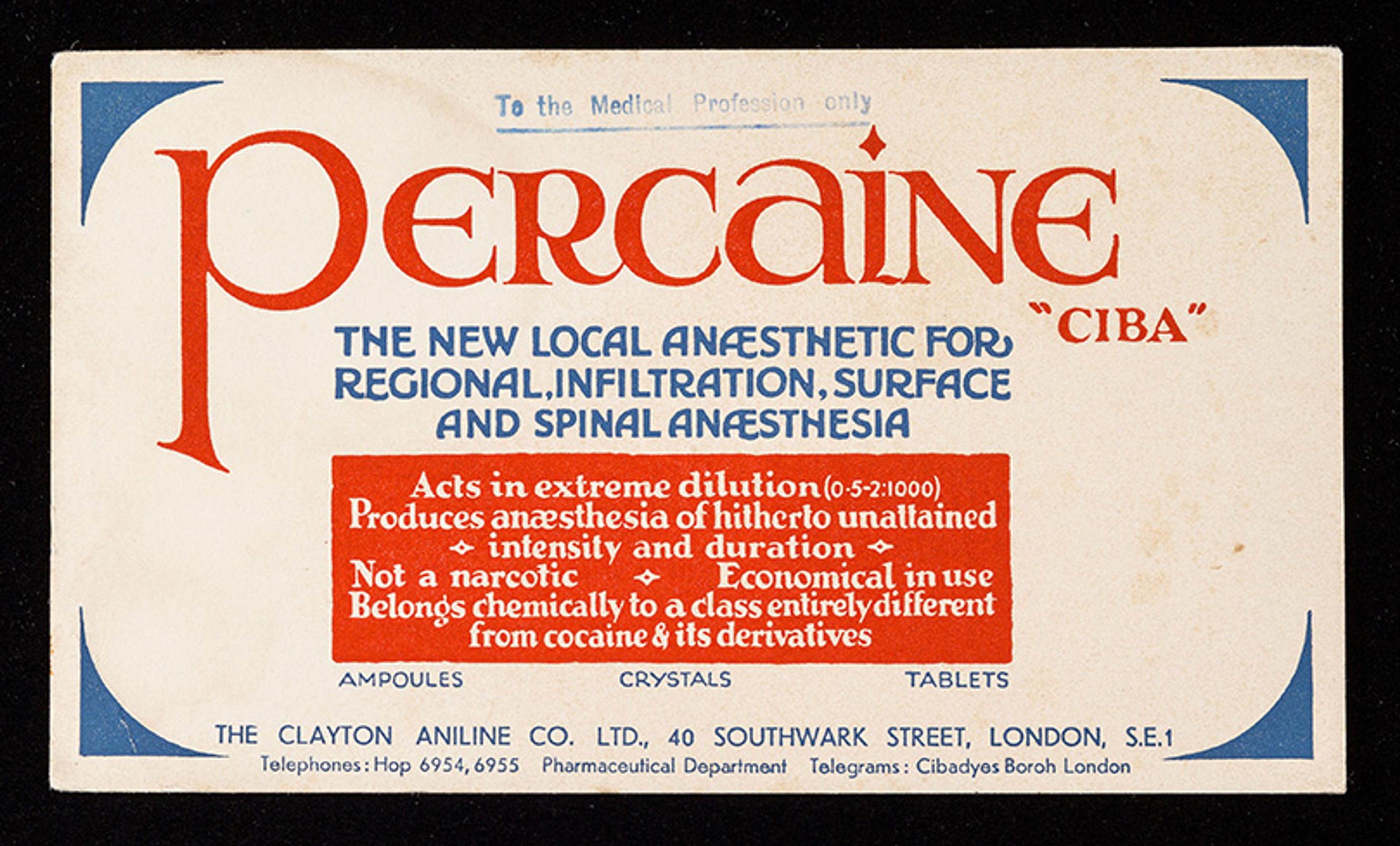 Vintage advertisement for the local anaesthetic Perocaine, highlighting its properties and contact information for the manufacturer.
