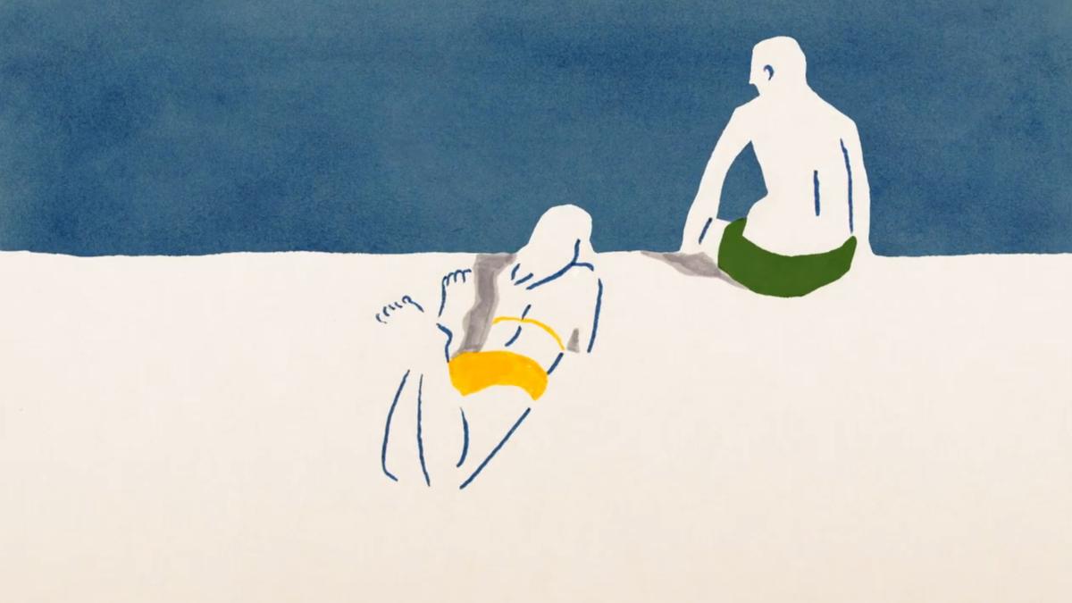 Abstract painting of two figures sunbathing on a beach with a blue sky background.