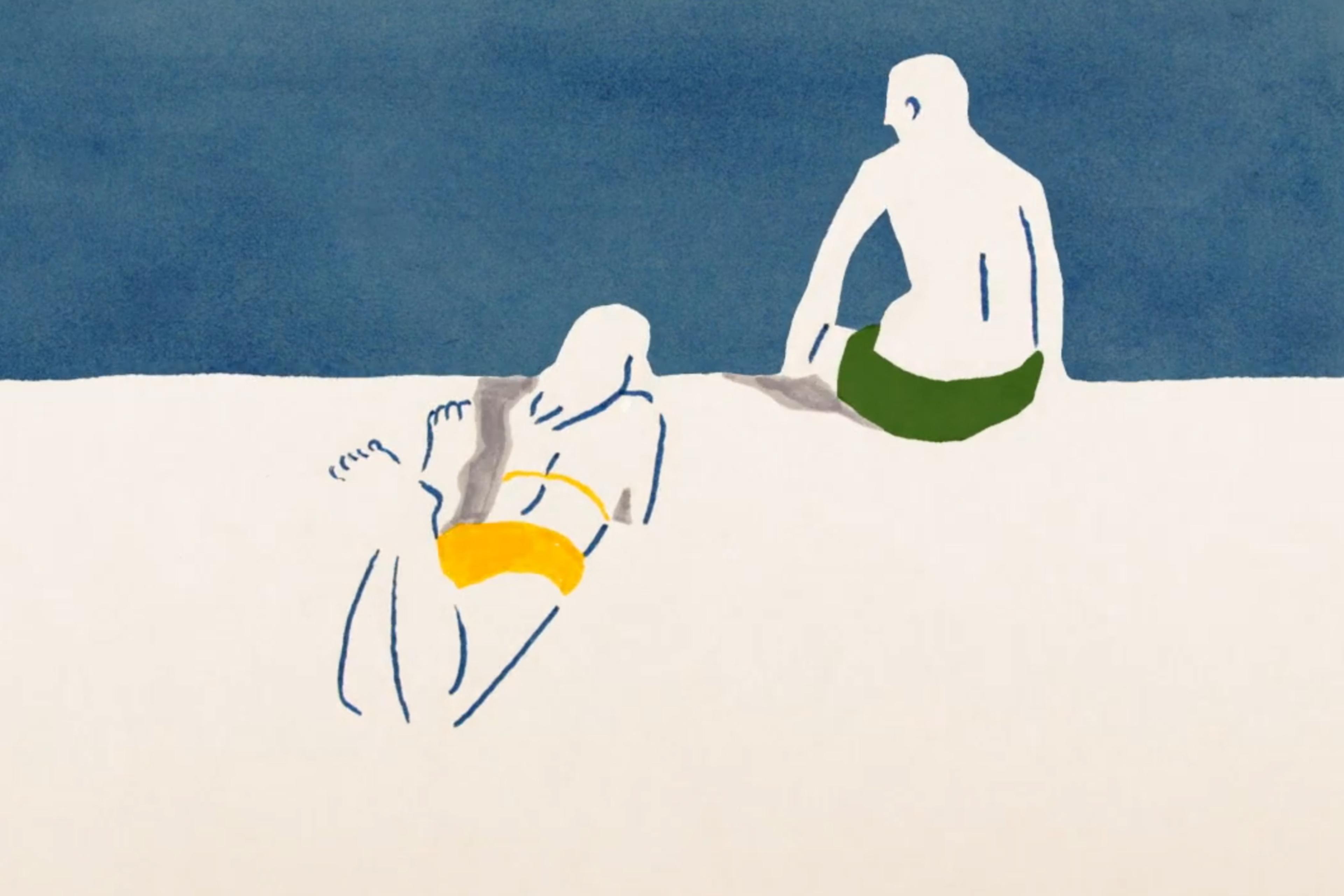 Abstract painting of two figures sunbathing on a beach with a blue sky background.