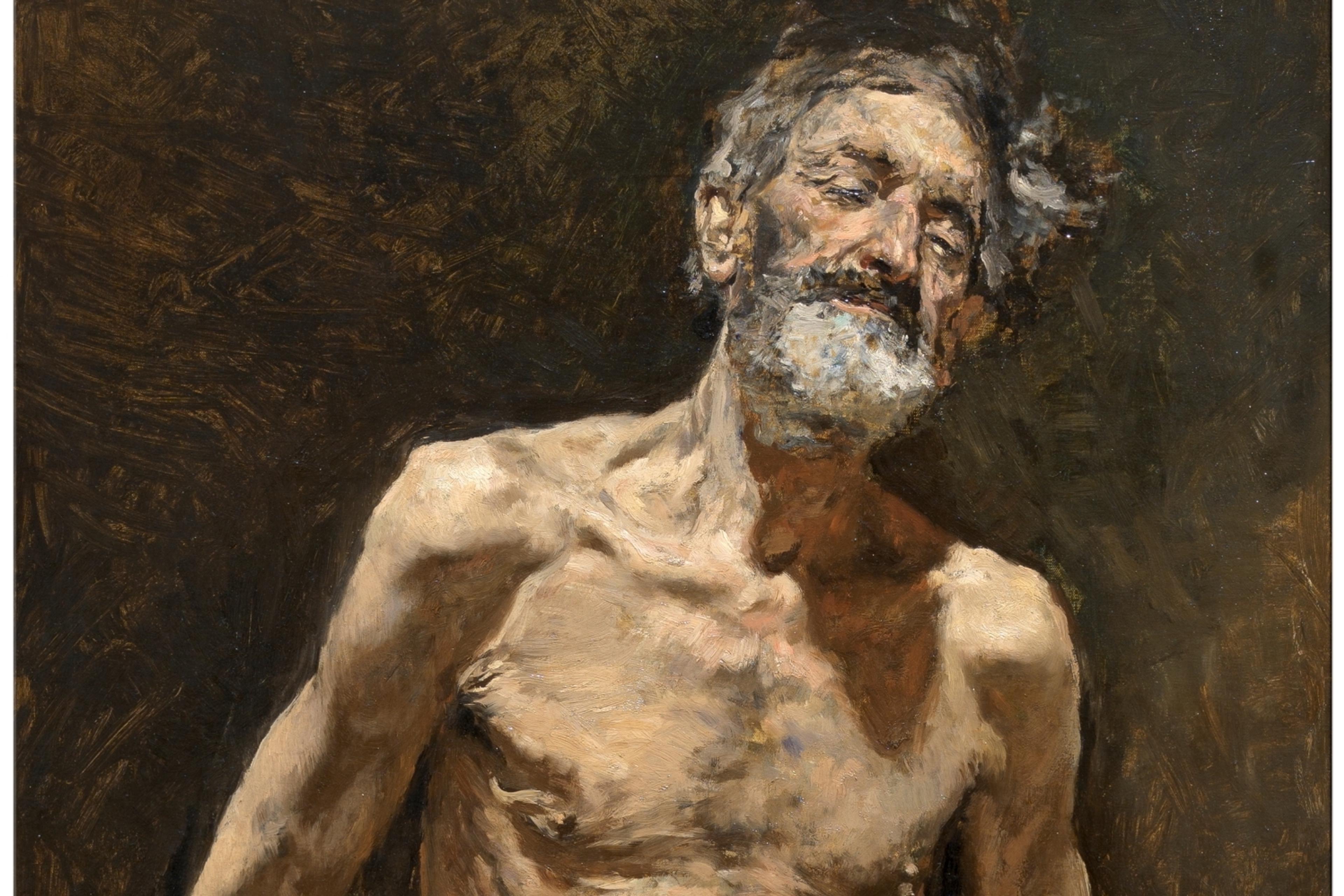 Painting of an elderly shirtless man with a beard, eyes closed and leaning back against a dark textured background.