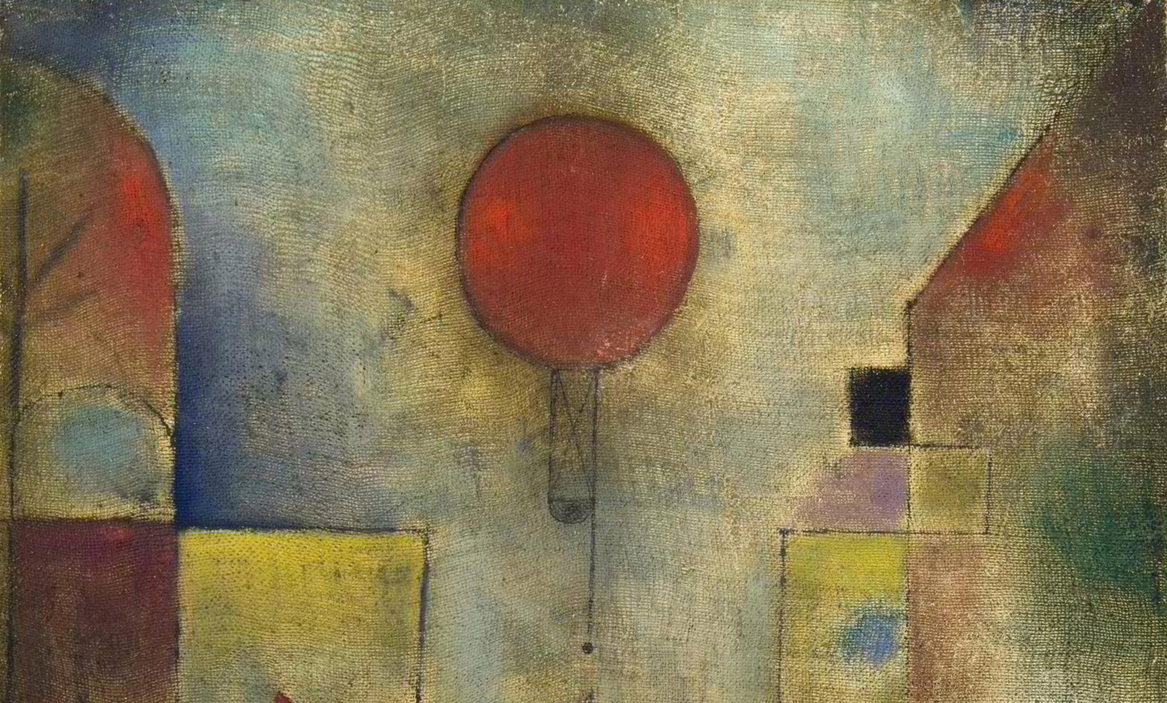 Abstract painting featuring a large red circle and geometric shapes against a textured background with muted colours.