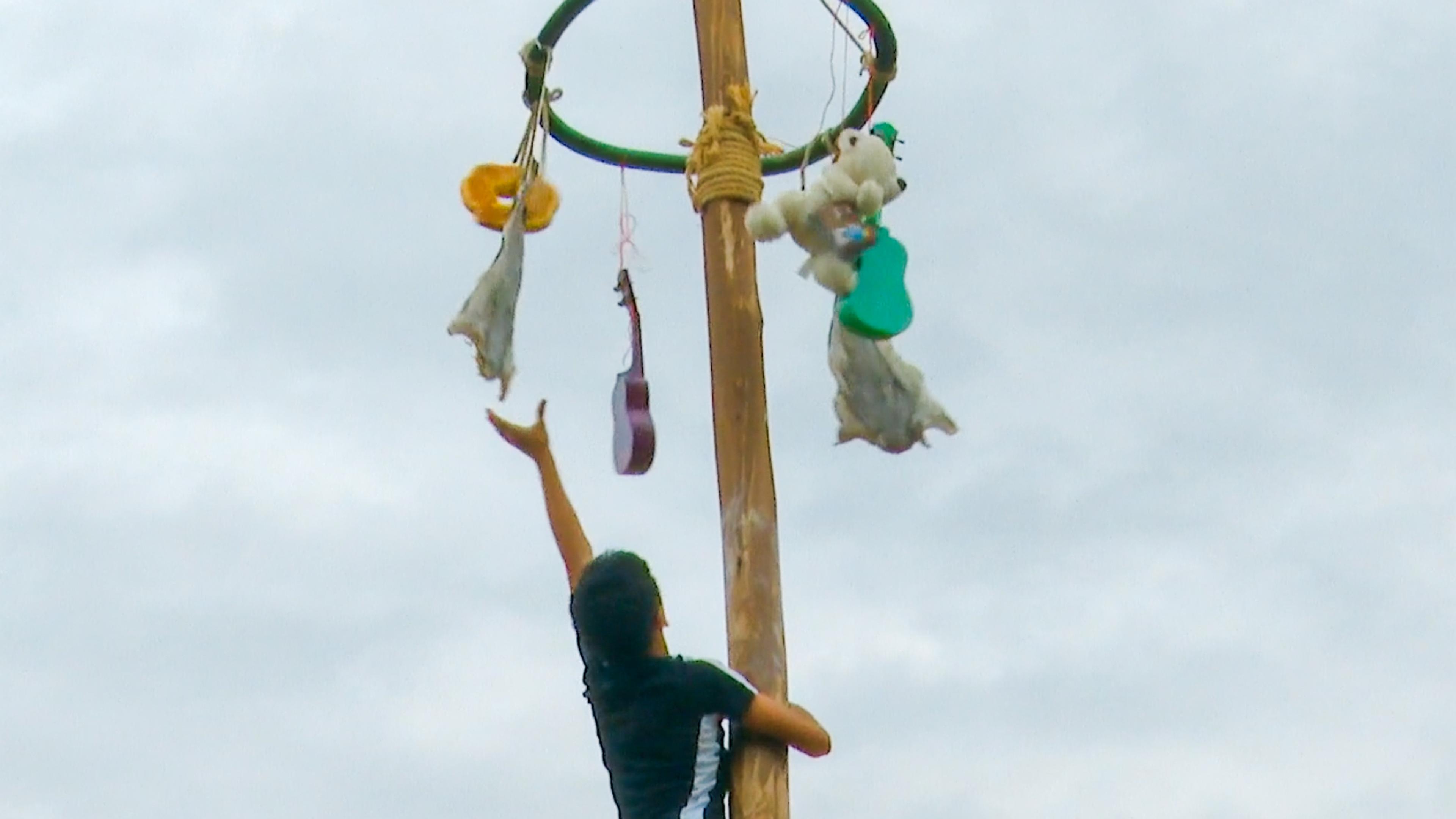 Photo of a person climbing a pole reaching for prizes, including a teddy bear and toy guitar, against a cloudy sky.