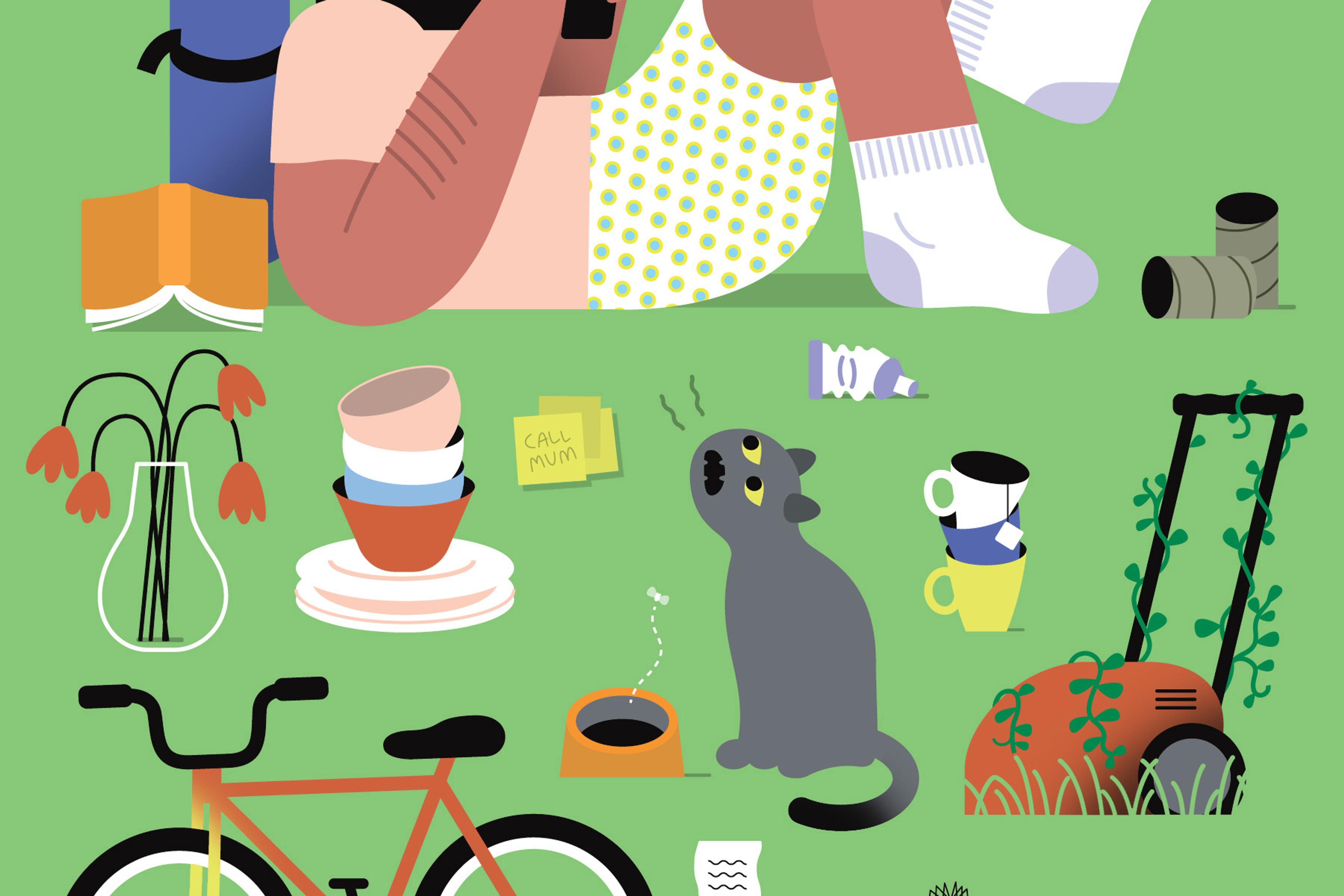 Illustration of a bearded man lounging with a phone, surrounded by a bike, cat, dirty dishes, books and tools.
