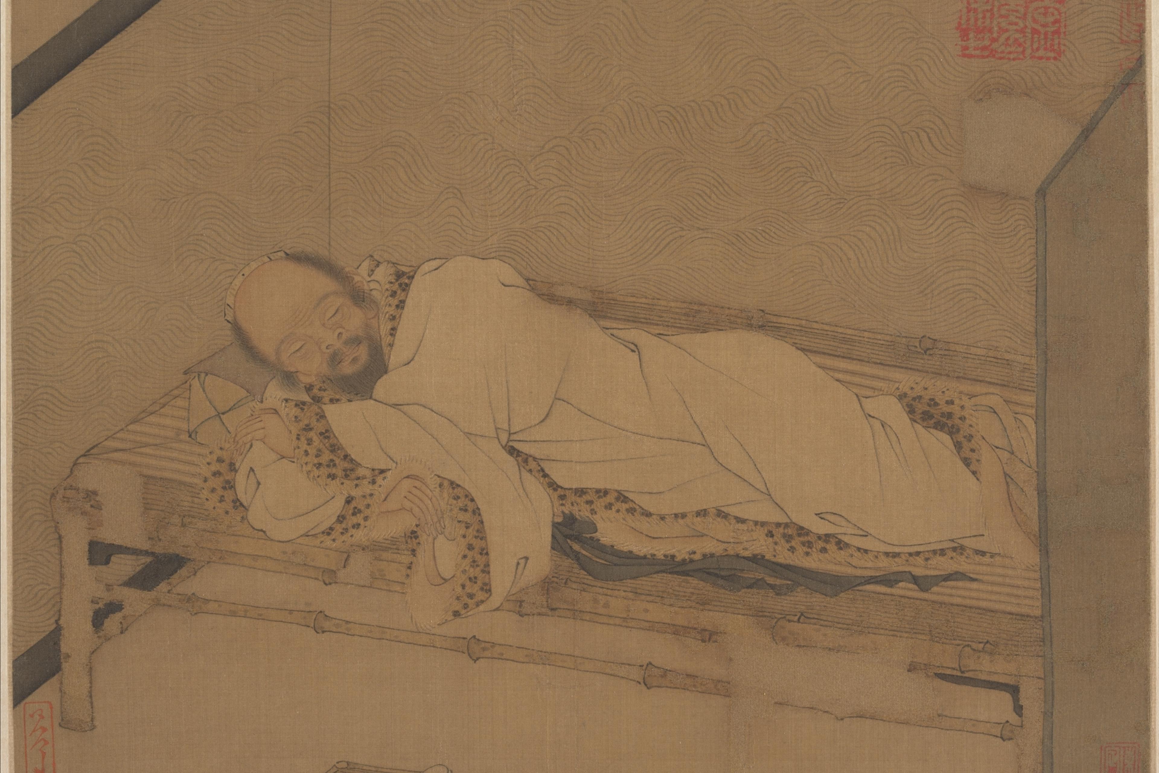 Painting of a bearded man lying on a wooden bed with a patterned robe, resting his head on his hand, slippers on floor.