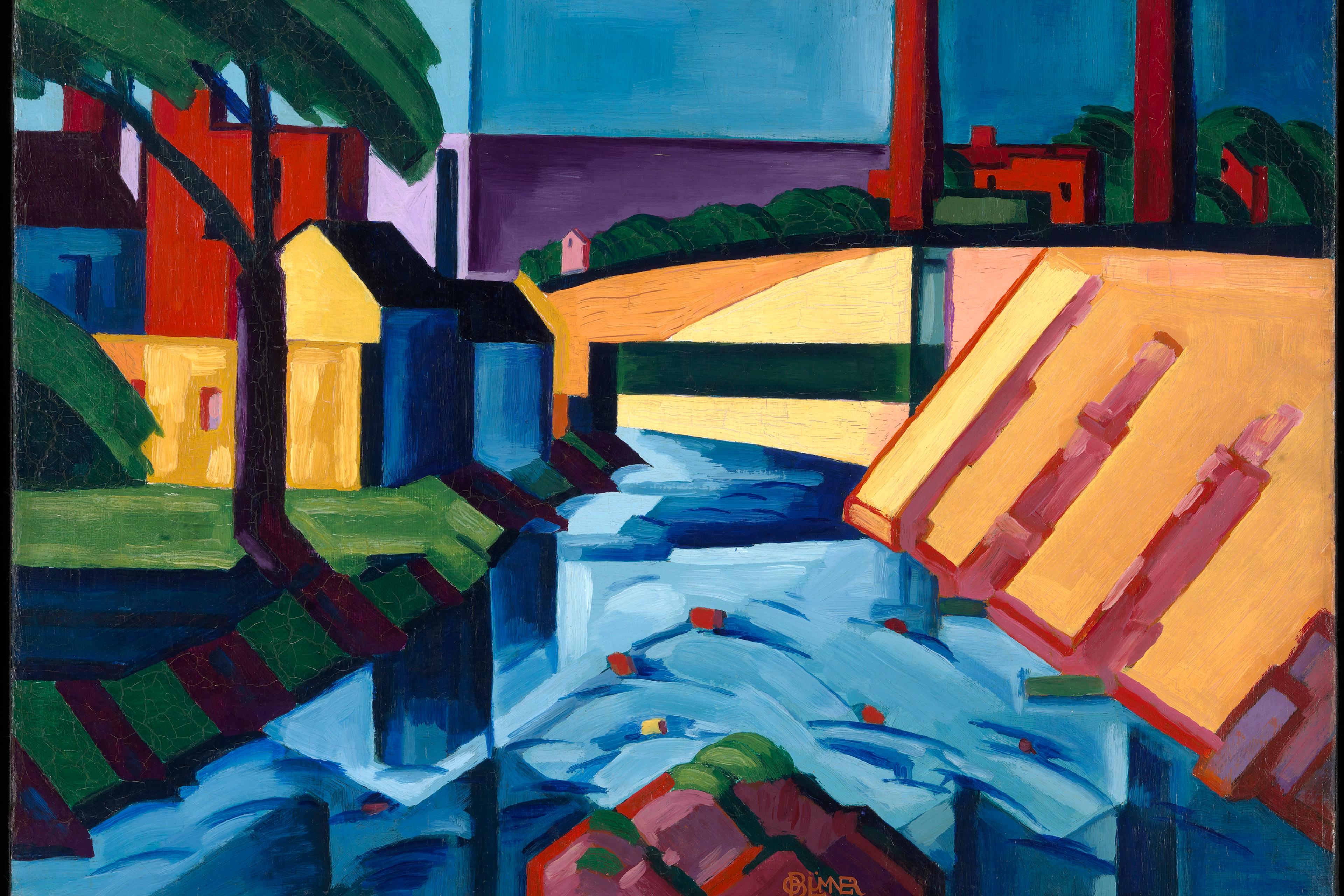 Abstract painting of a vibrant landscape with trees, buildings, and a river in bold geometric shapes and colours.