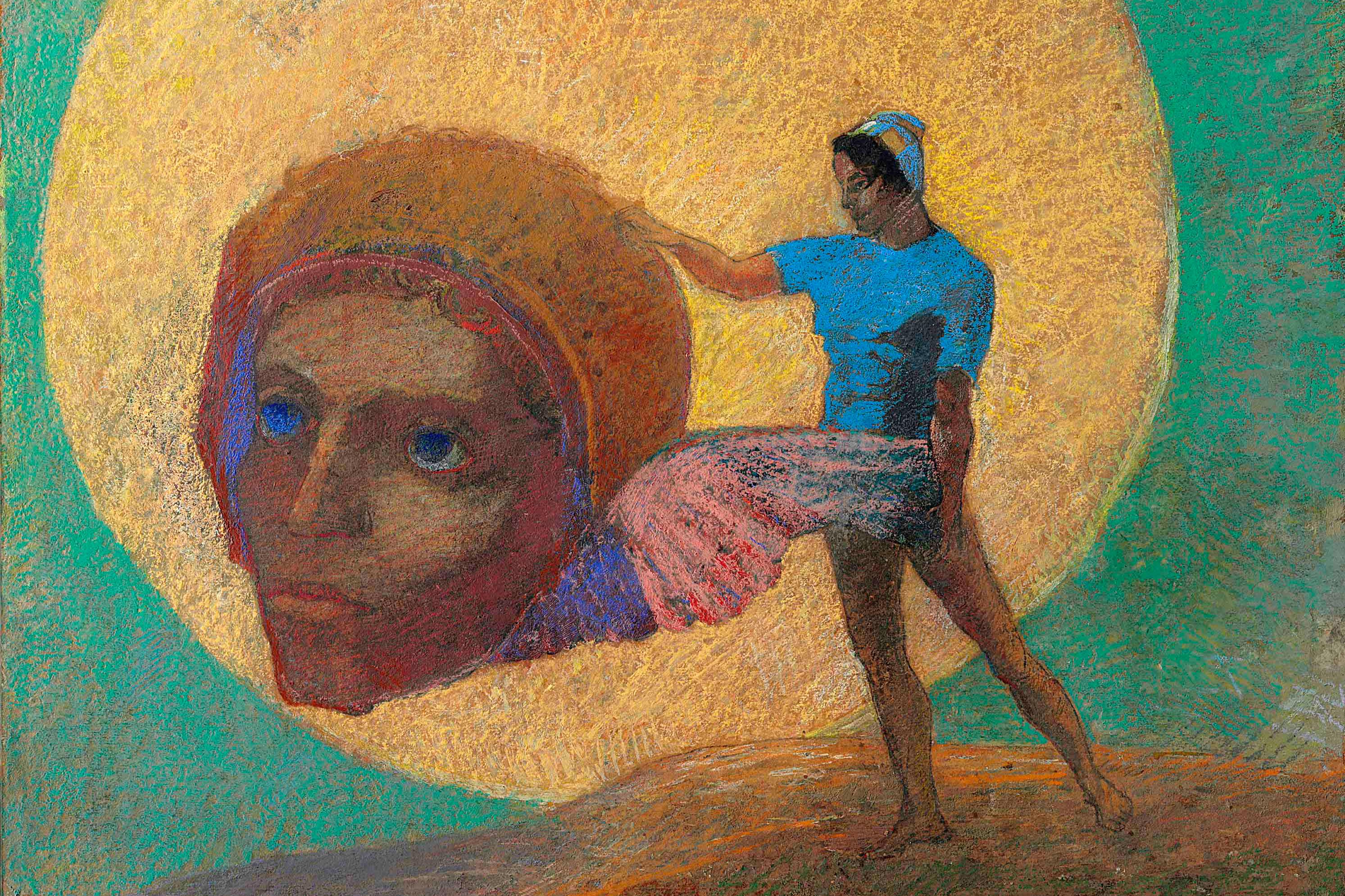 Painting of a dancer in blue with a large winged head in the background, set against a vibrant green-yellow backdrop.