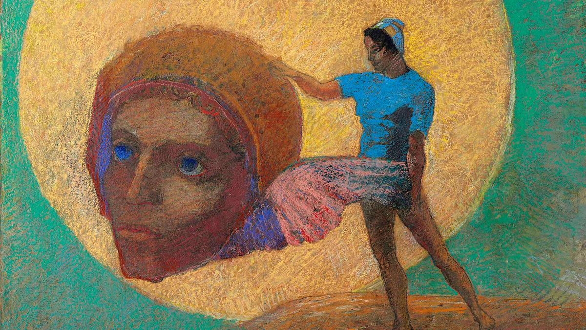 Painting of a dancer in blue with a large winged head in the background, set against a vibrant green-yellow backdrop.