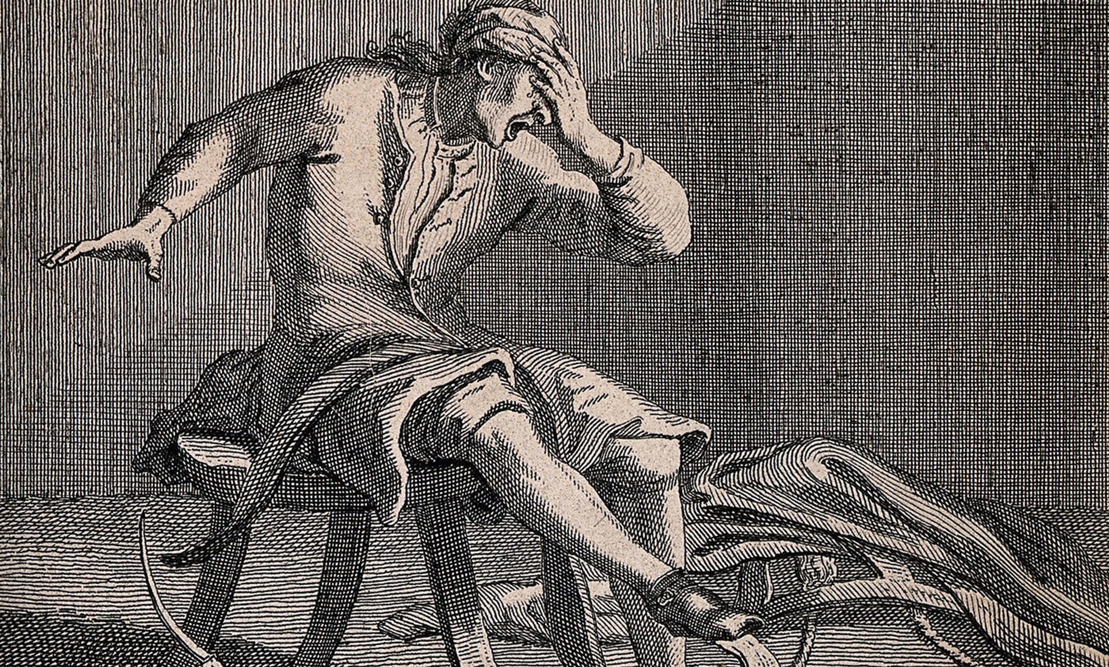 An engraving of a man in distress sitting on a stool, holding his head with one hand, inside a dimly lit room with a dark background.