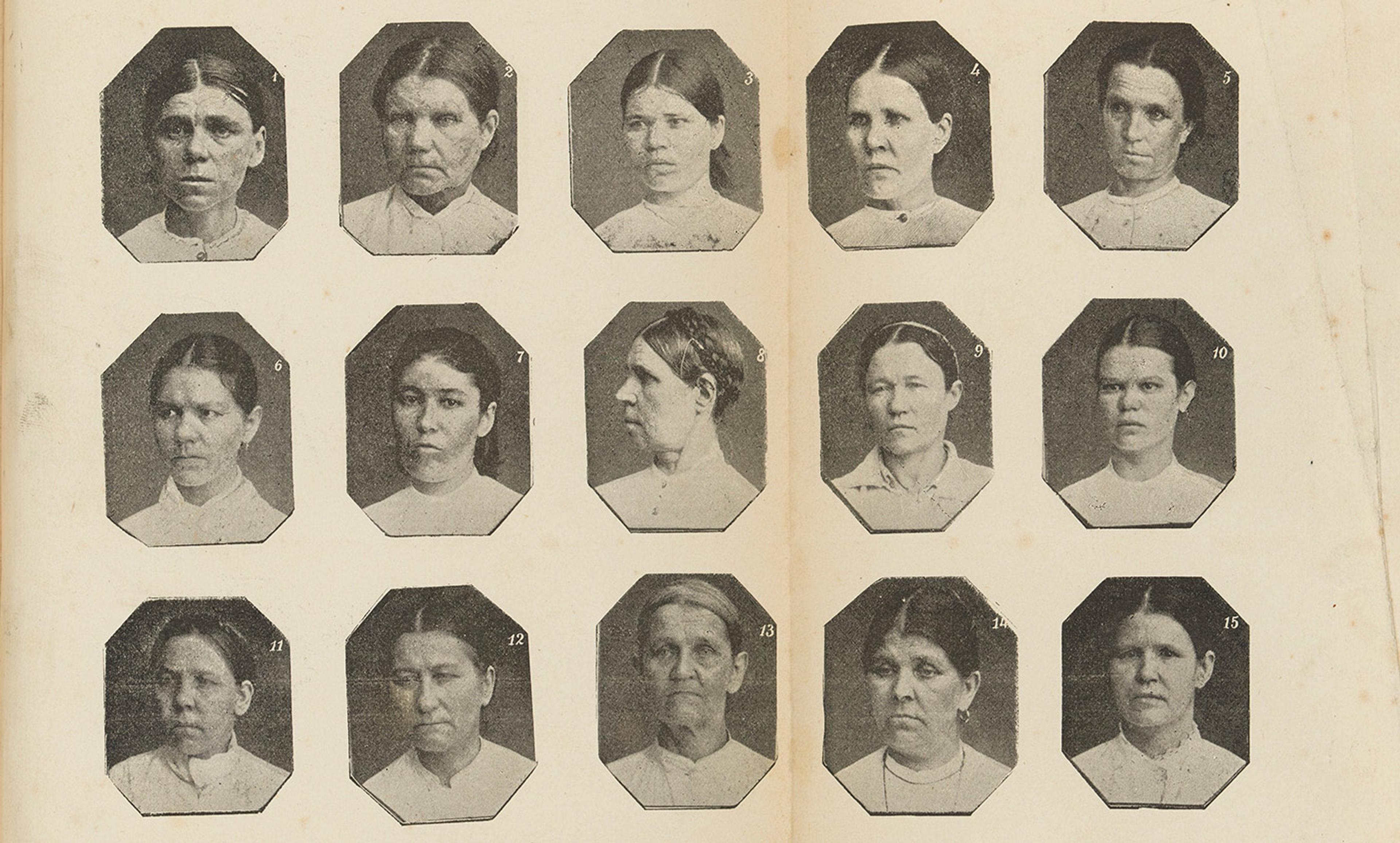 <p>Physiognomies of Russian criminals from <em>The Delinquent Woman</em> (1893) by Cesare Lombroso. <em>Courtesy the Wellcome Collection</em></p>