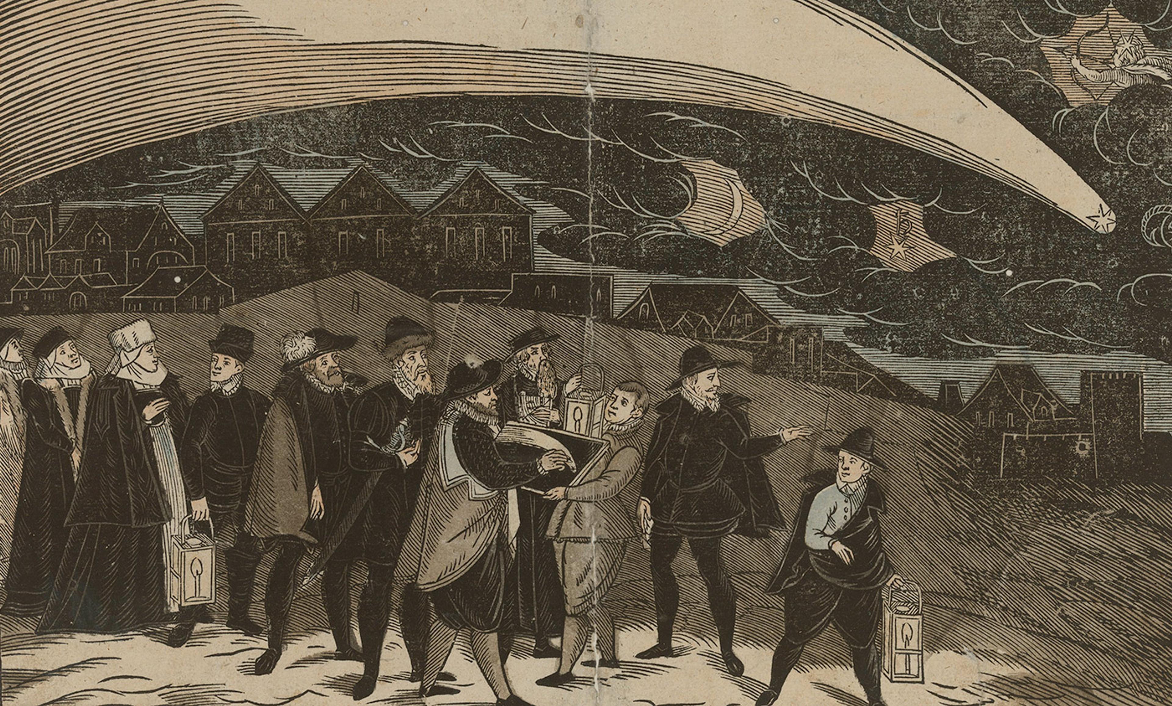 An 18th-century engraving depicting a group of people observing comets in the night sky over a village with lanterns in hand.