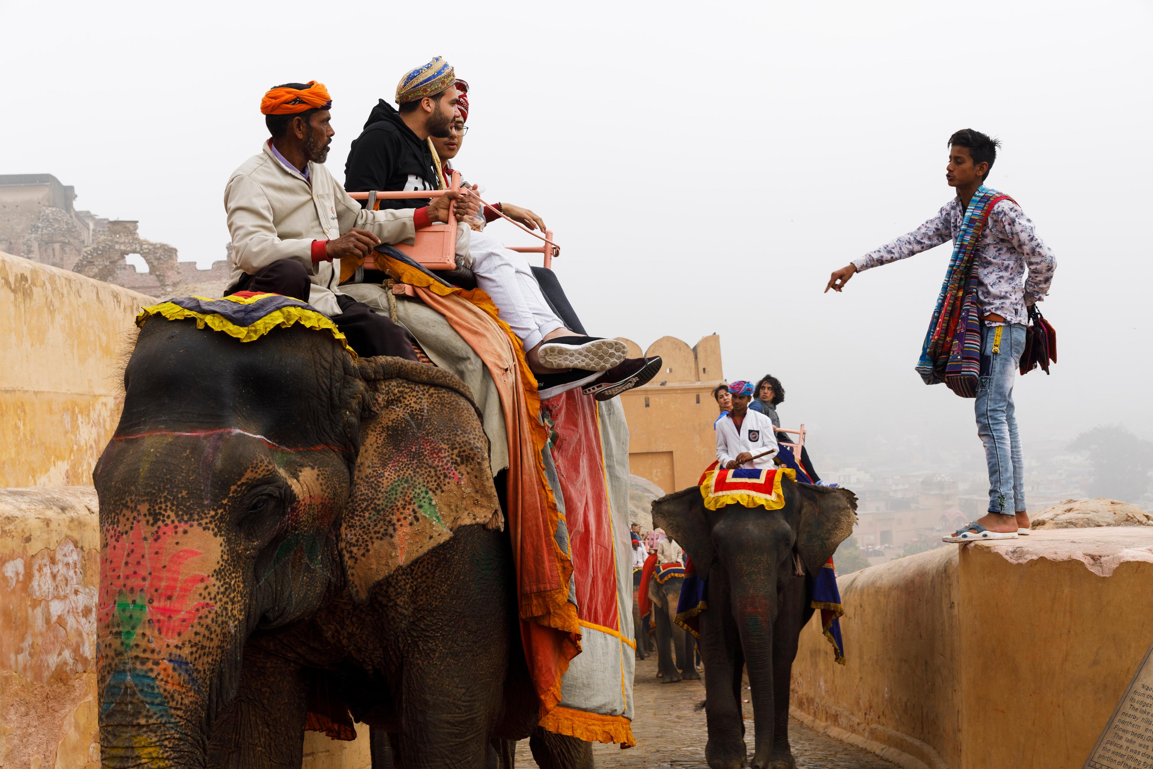 Photo of people riding brightly adorned elephants on a stone path with a vendor standing nearby pointing.