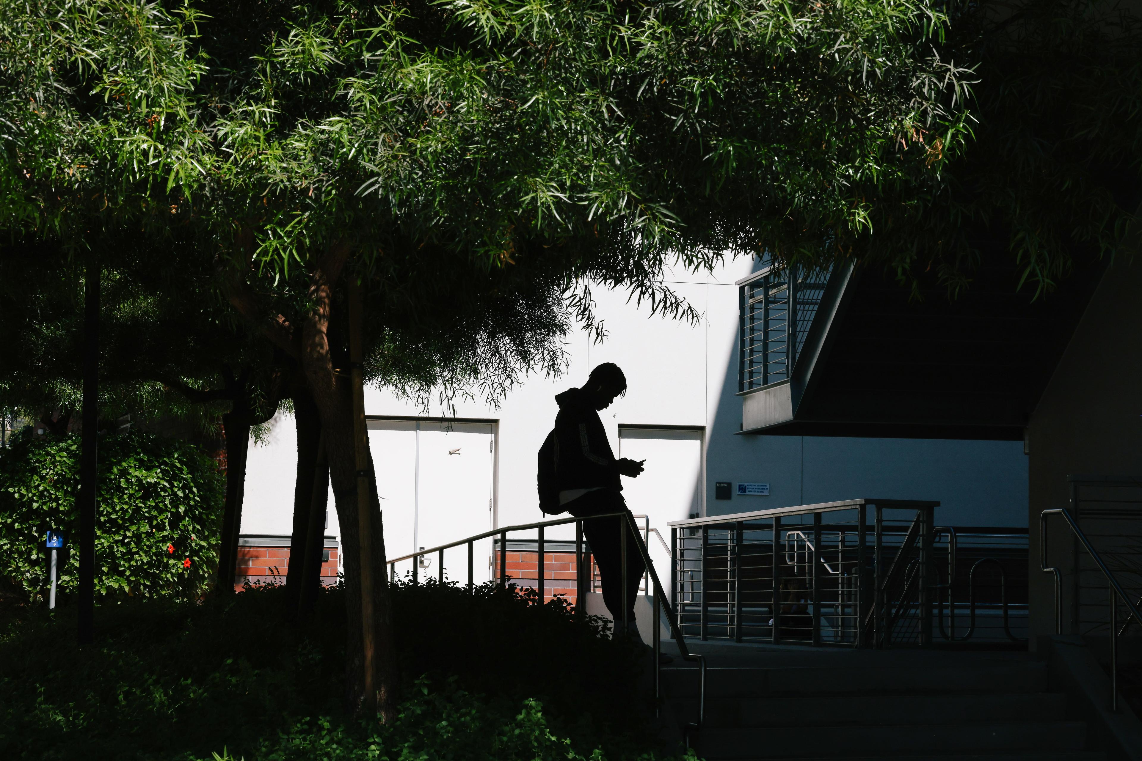 Photo of a person with a backpack silhouetted against a white wall under trees, using a phone on a walkway.