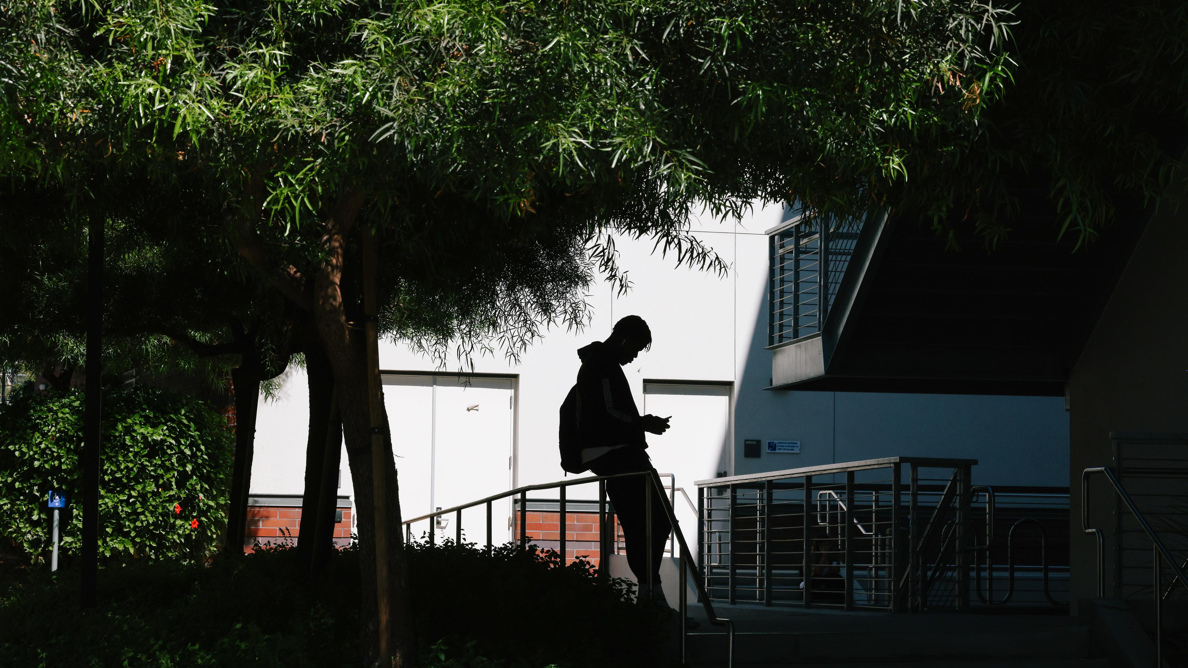 Photo of a person with a backpack silhouetted against a white wall under trees, using a phone on a walkway.