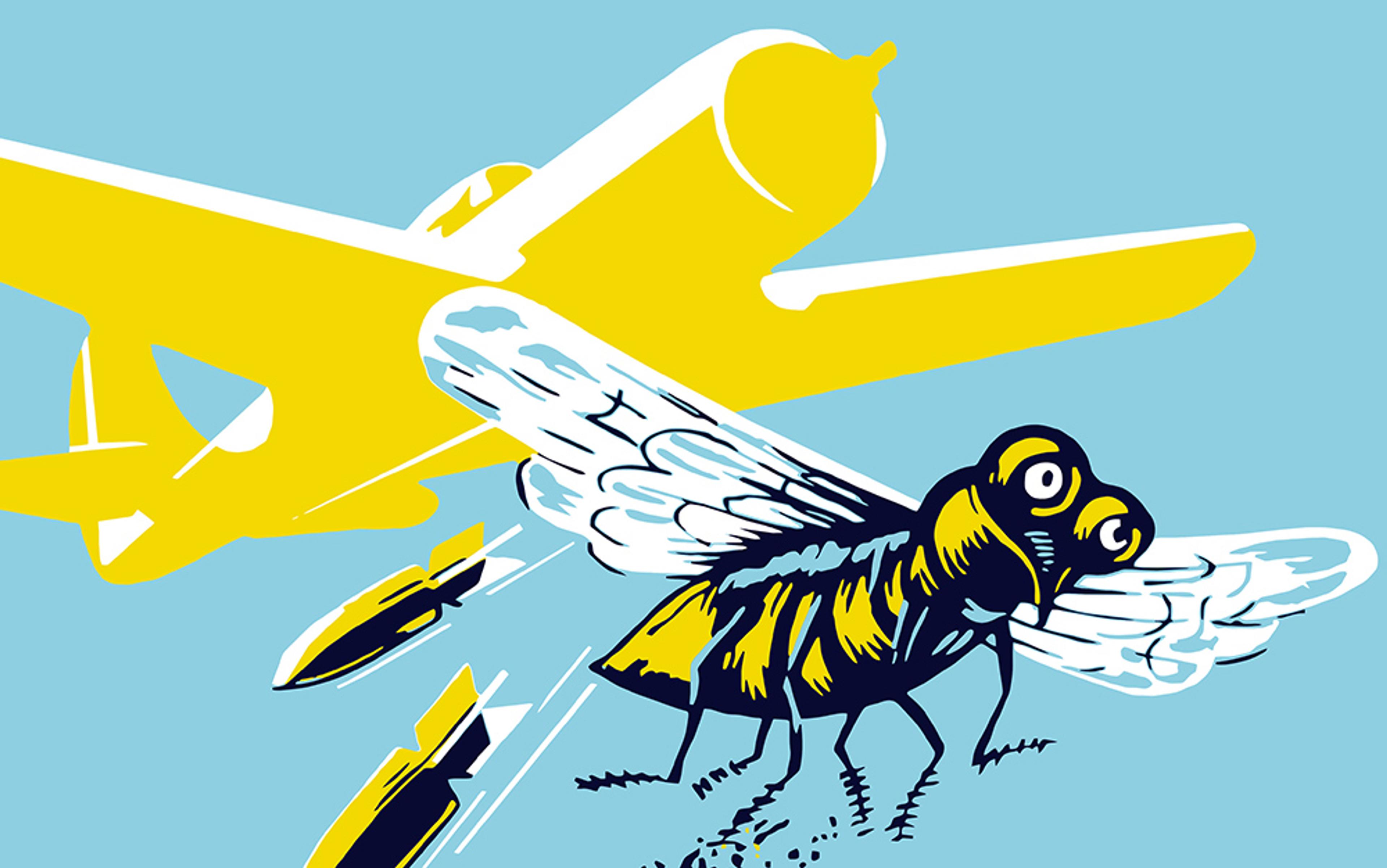 Illustration of a yellow plane flying behind a large, exaggerated bee with missile-like projectiles in the foreground on a blue background.
