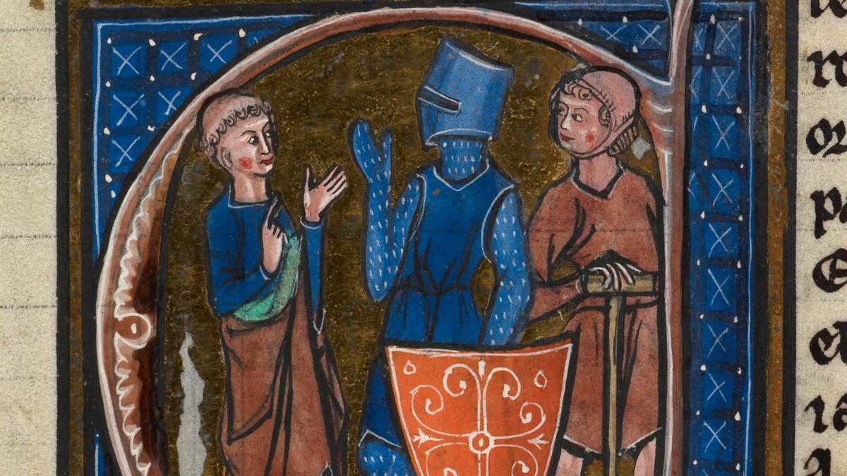 Medieval manuscript illustration of three figures talking: a man, a knight with a shield and a shovel-bearer, set in an ornate border.