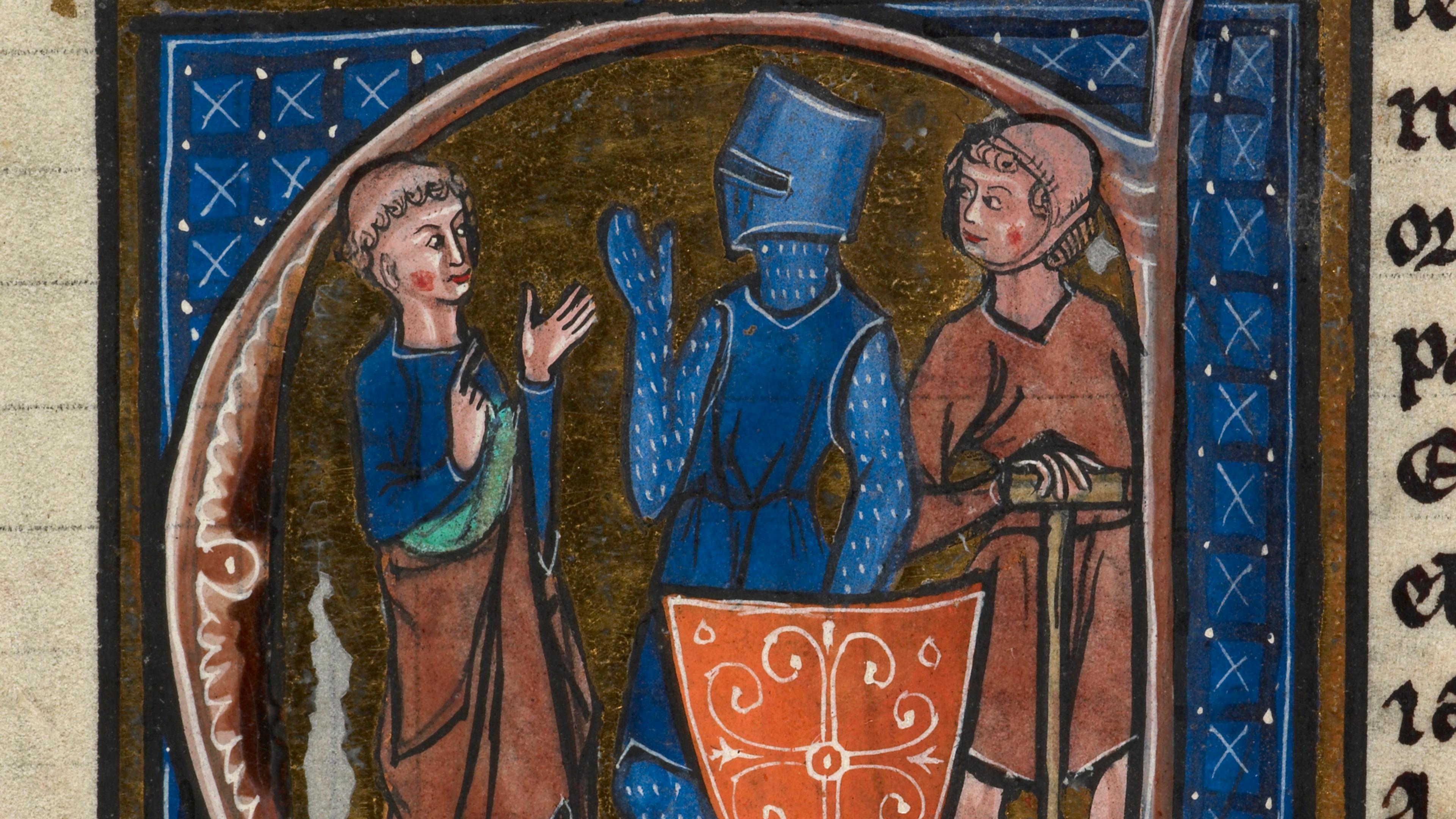 Medieval manuscript illustration of three figures talking: a man, a knight with a shield and a shovel-bearer, set in an ornate border.