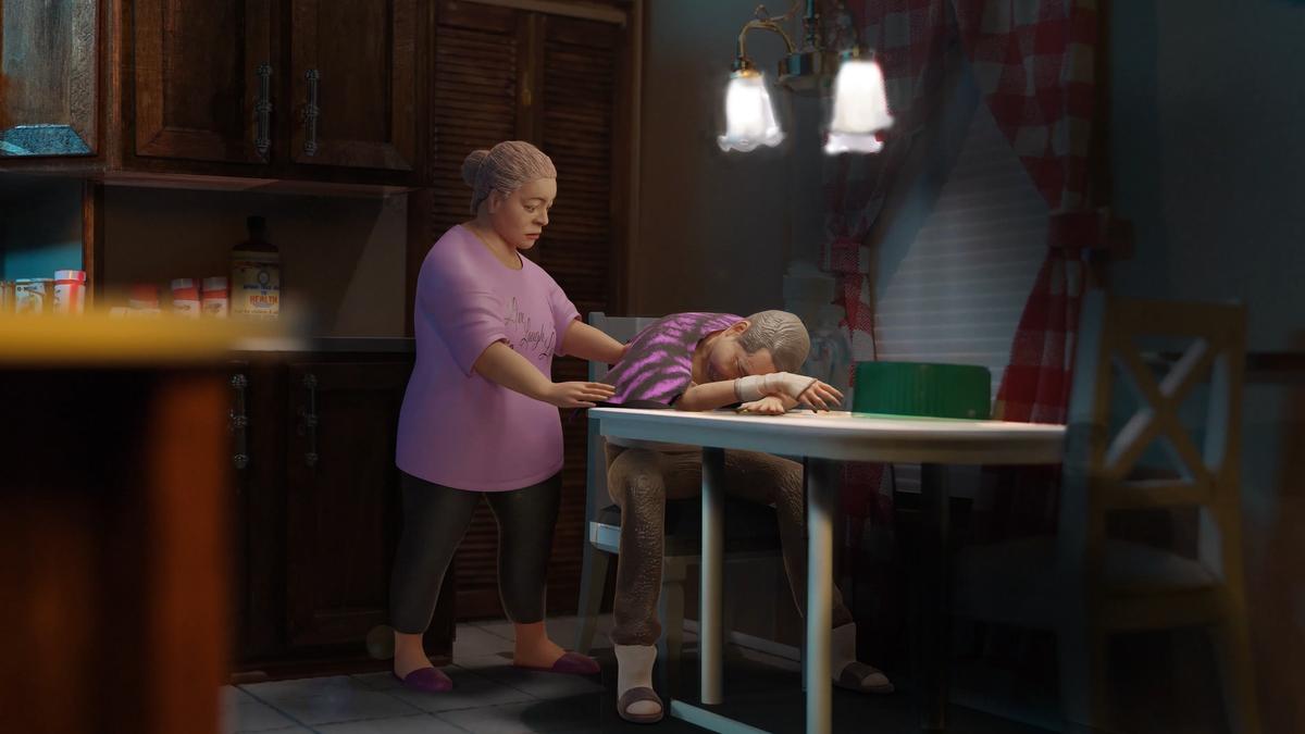 Animated scene of a woman comforting a man at a kitchen table, with one hand resting of his back.