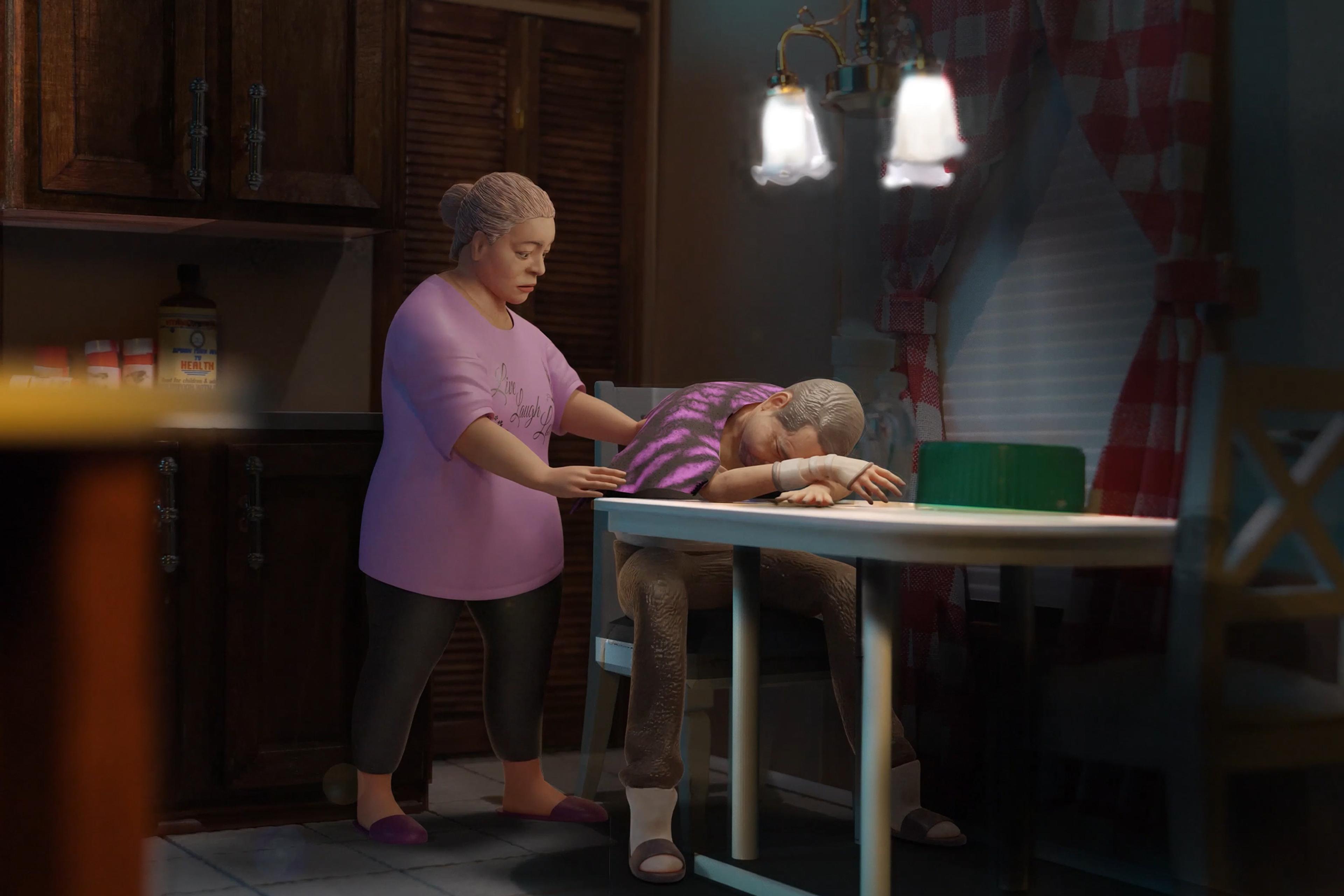 Animated scene of a woman comforting a man at a kitchen table, with one hand resting of his back.