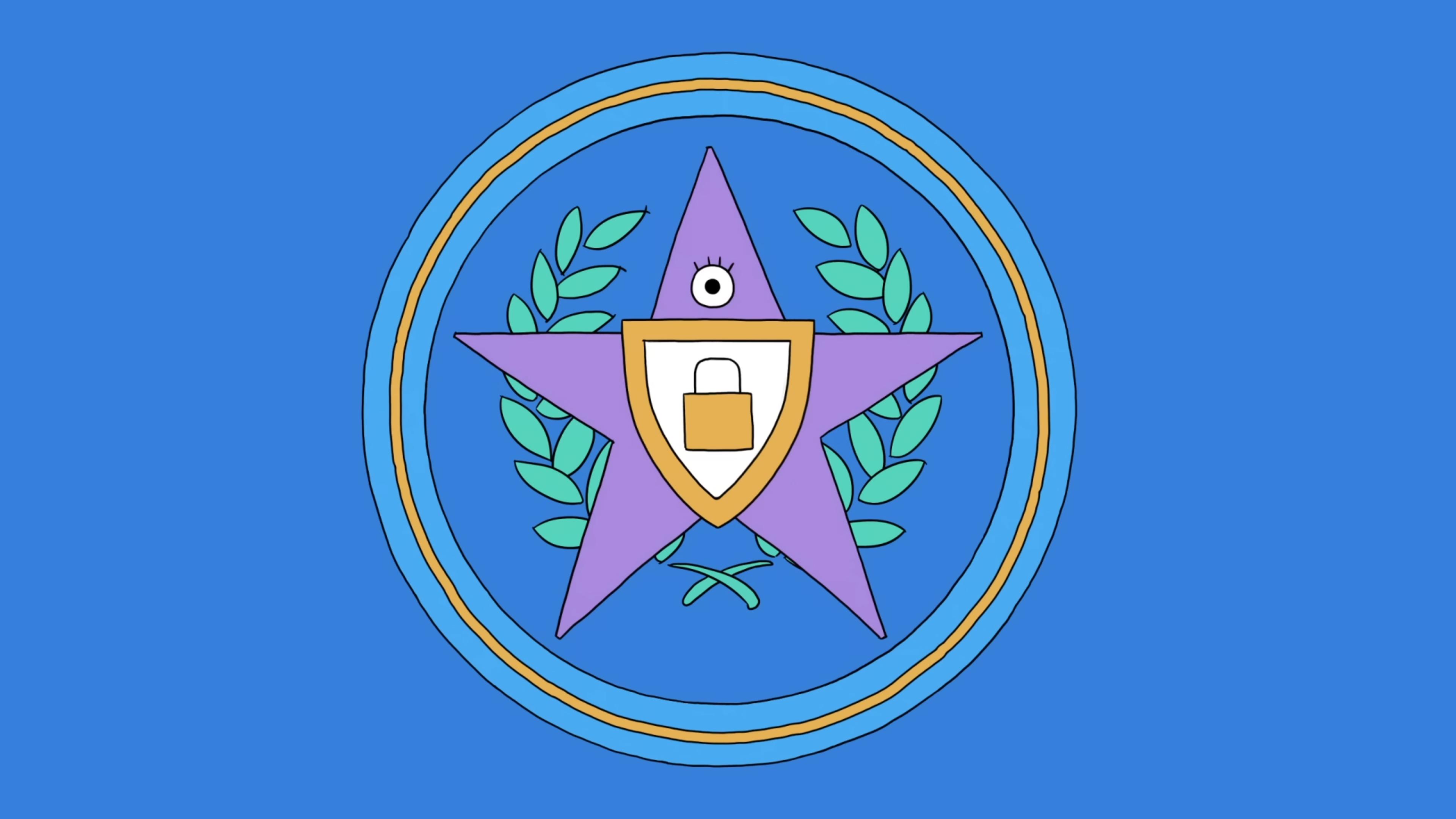 Illustration of a purple star with an eye and shield with padlock on blue background encircled by laurel and gold rings.