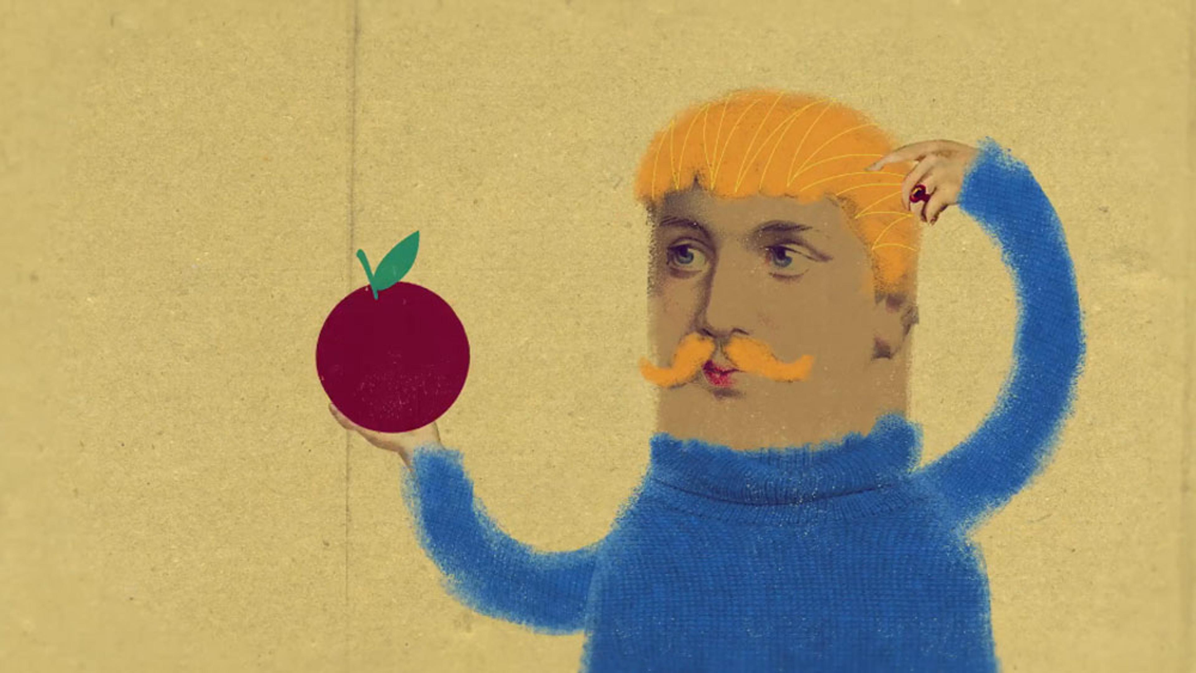 Illustration of a man with an orange moustache and hair wearing a blue sweater holding a red apple on a beige background.