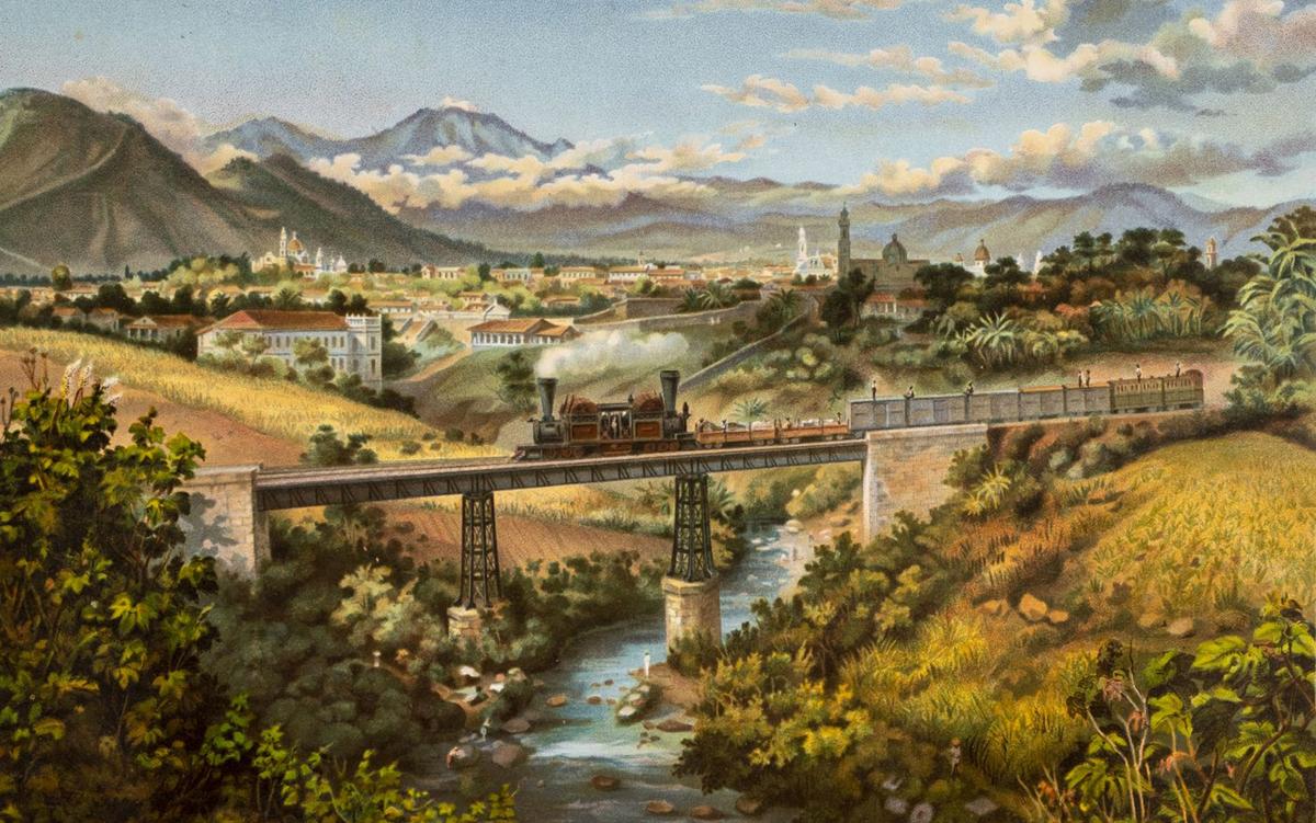 A vintage illustration of a steam train crossing a bridge over a river with a town and mountains in the background, surrounded by lush greenery.