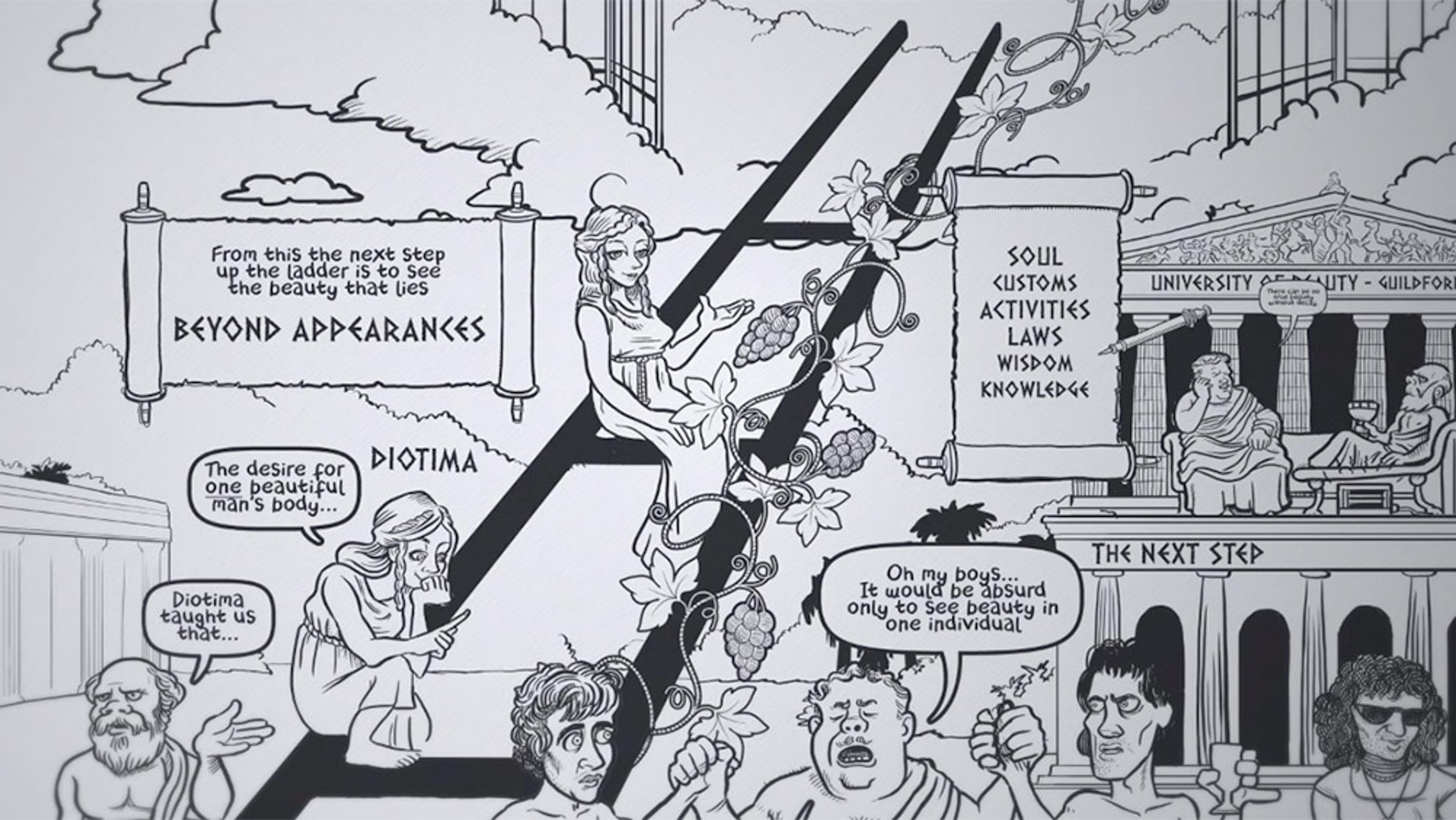Cartoon-style artwork depicting ancient Greek philosophers discussing the concept of beauty, with various speech bubbles and ladders.