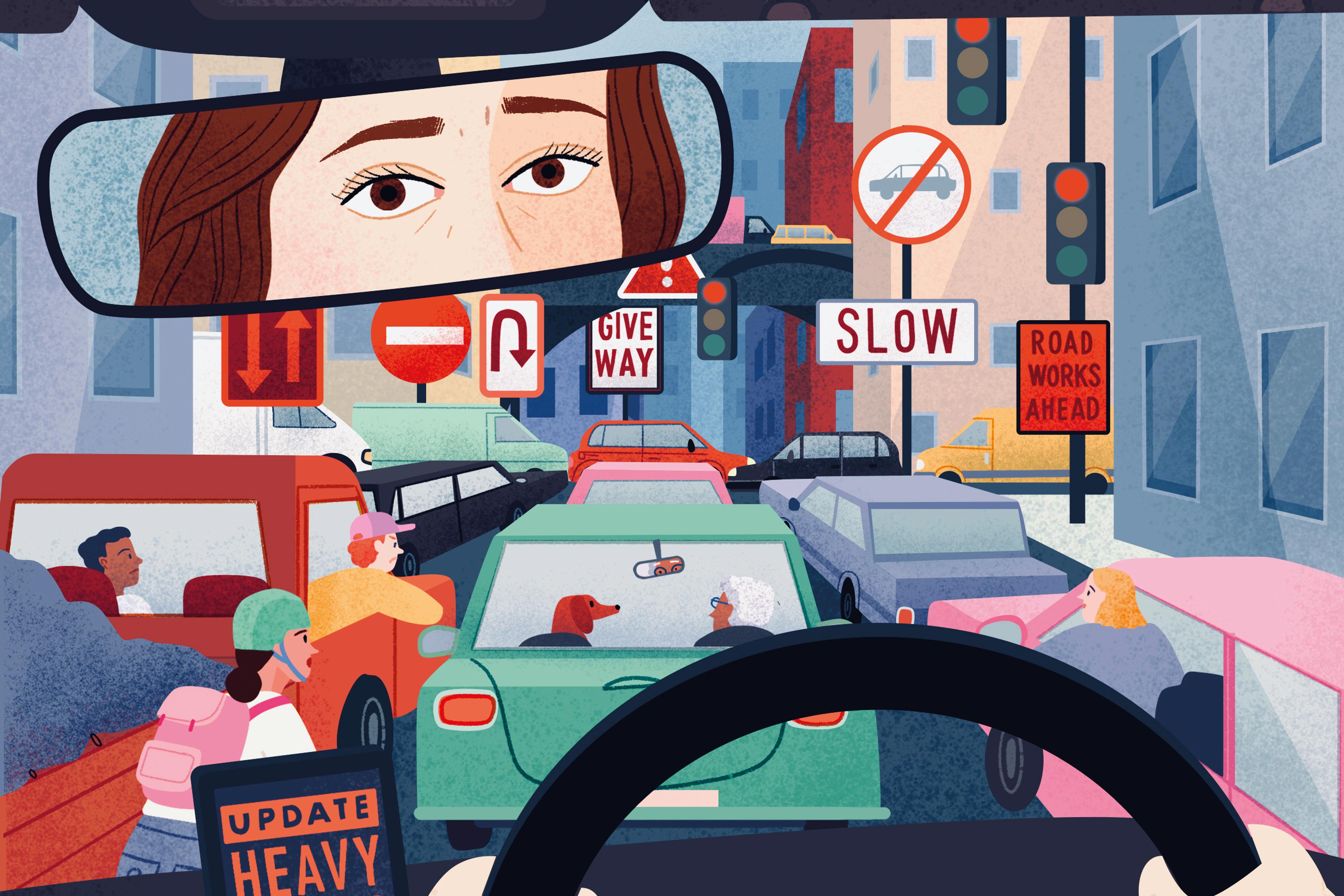 Illustration of a traffic jam from a driver’s view with road signs and a phone alert on heavy traffic.