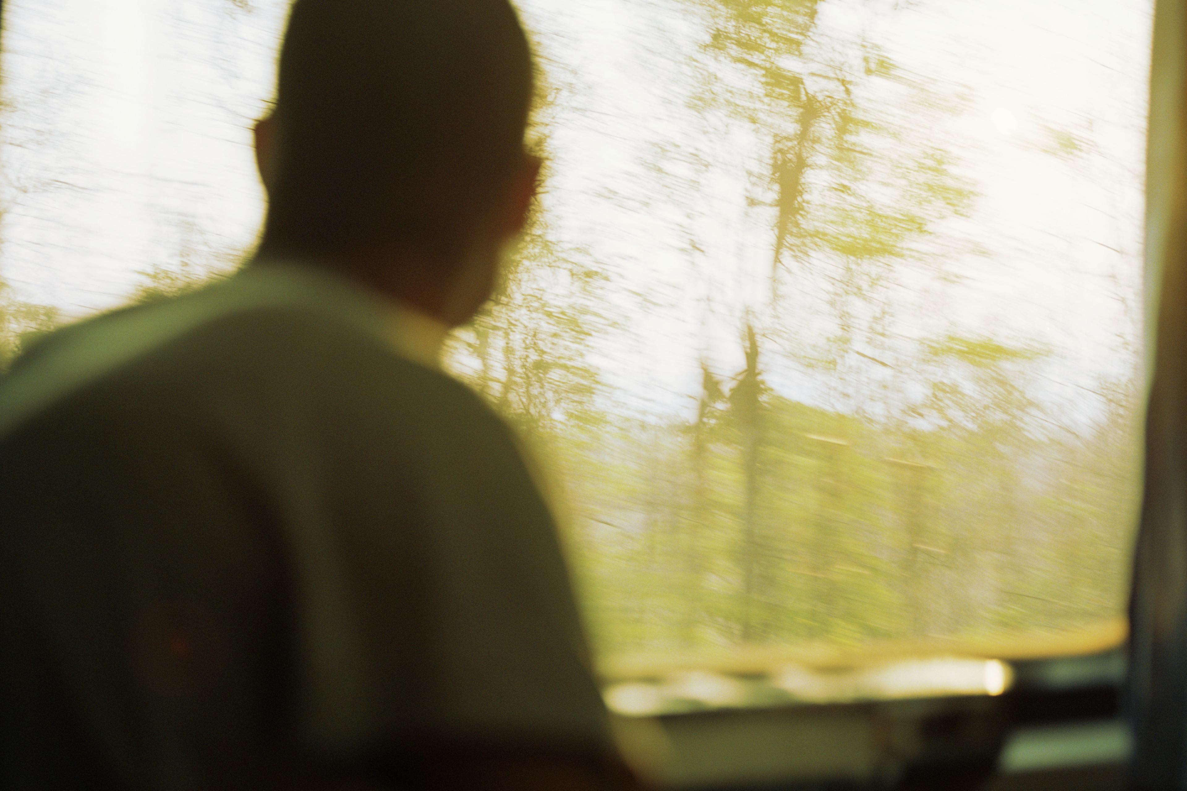Photo of a person sitting in a train gazing out a window at blurred trees under sunlight.