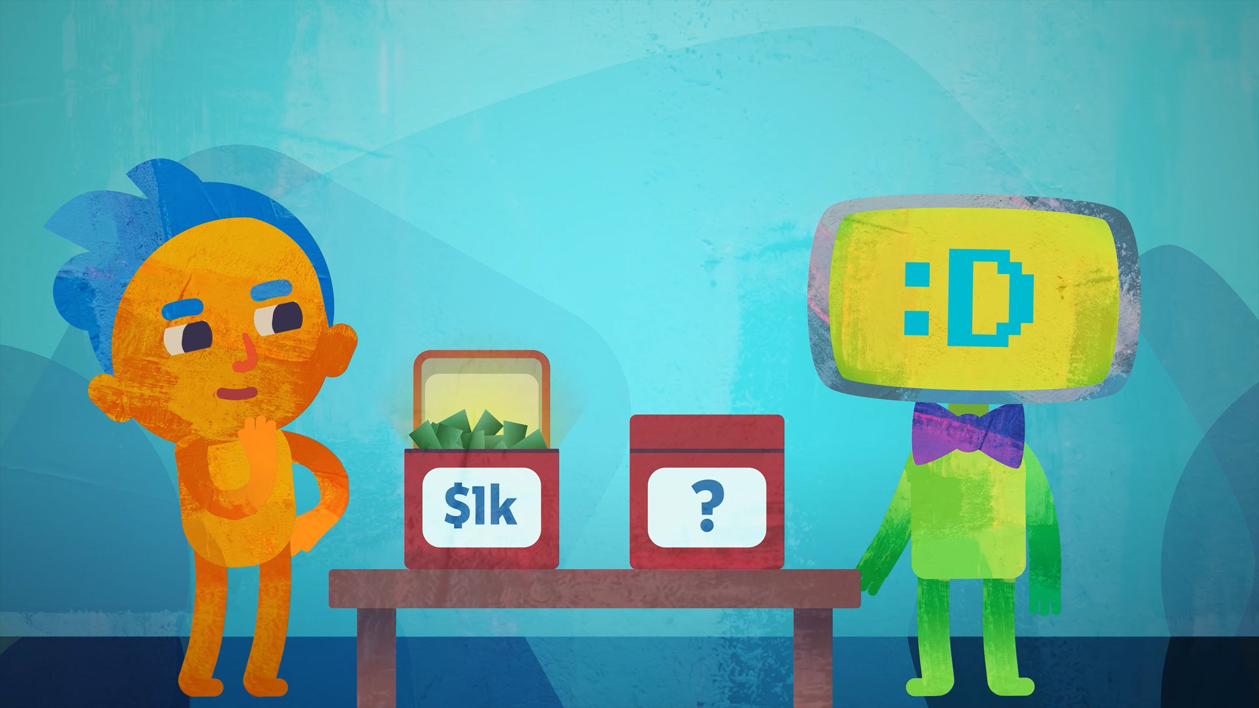 Cartoon of a person pondering between two boxes on a table, one with $1k cash and the other unopened, with a robot on the right.