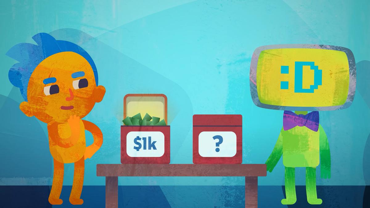 Cartoon of a person pondering between two boxes on a table, one with $1k cash and the other unopened, with a robot on the right.