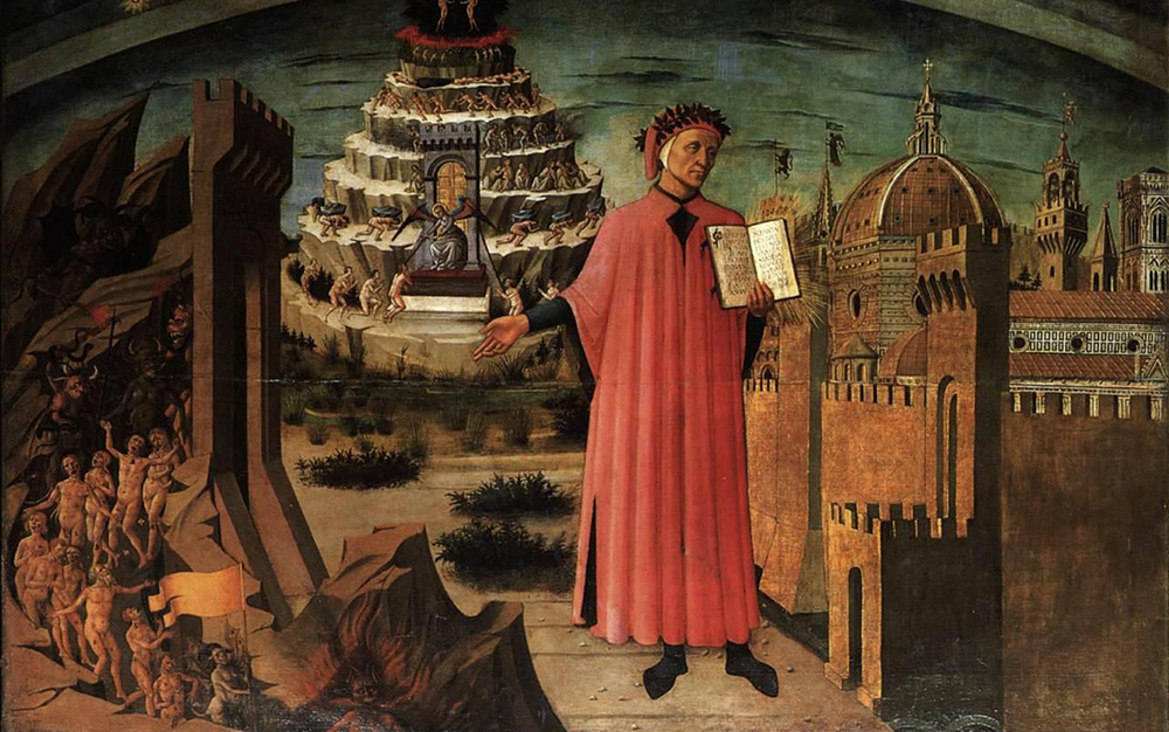 Painting of a man in a red robe holding a book, with scenes of hell, purgatory and a city in the background.