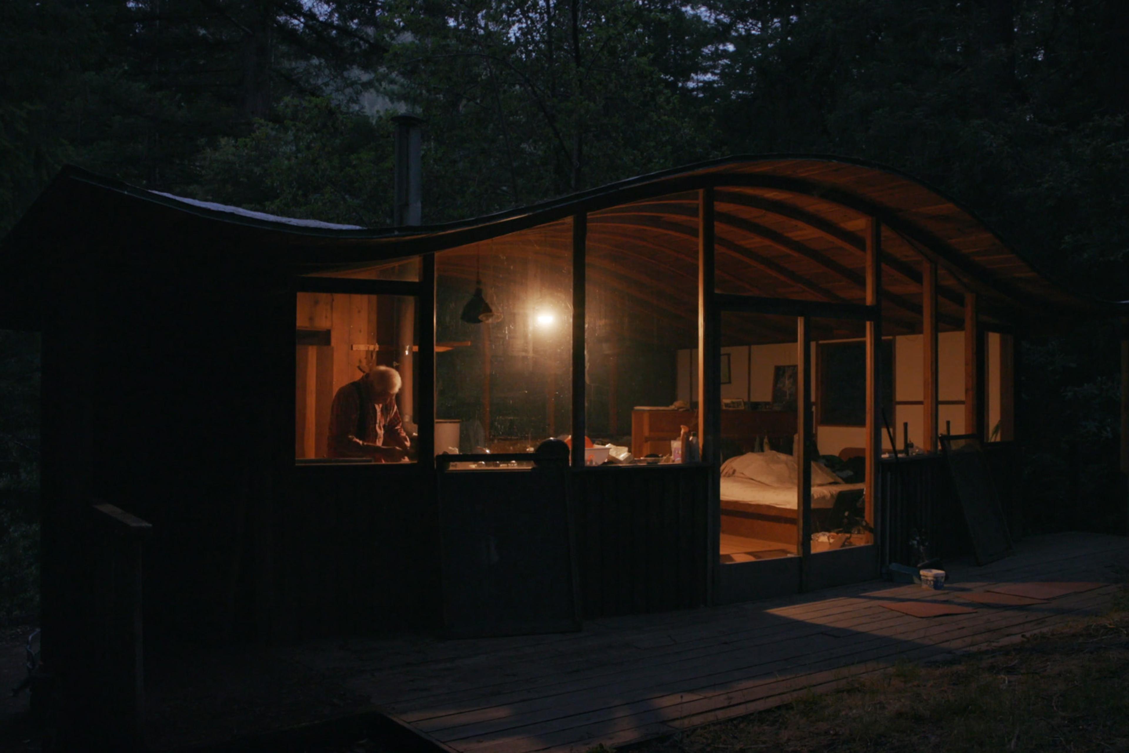 A night scene with a warmly lit cabin in the woods. An elderly person is inside, visible through large glass windows.
