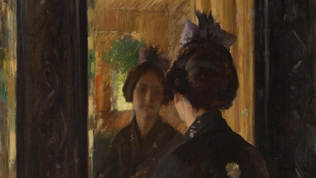 Painting of a woman in a dark kimono with a bow in her hair, looking at her reflection in a dimly lit mirror.