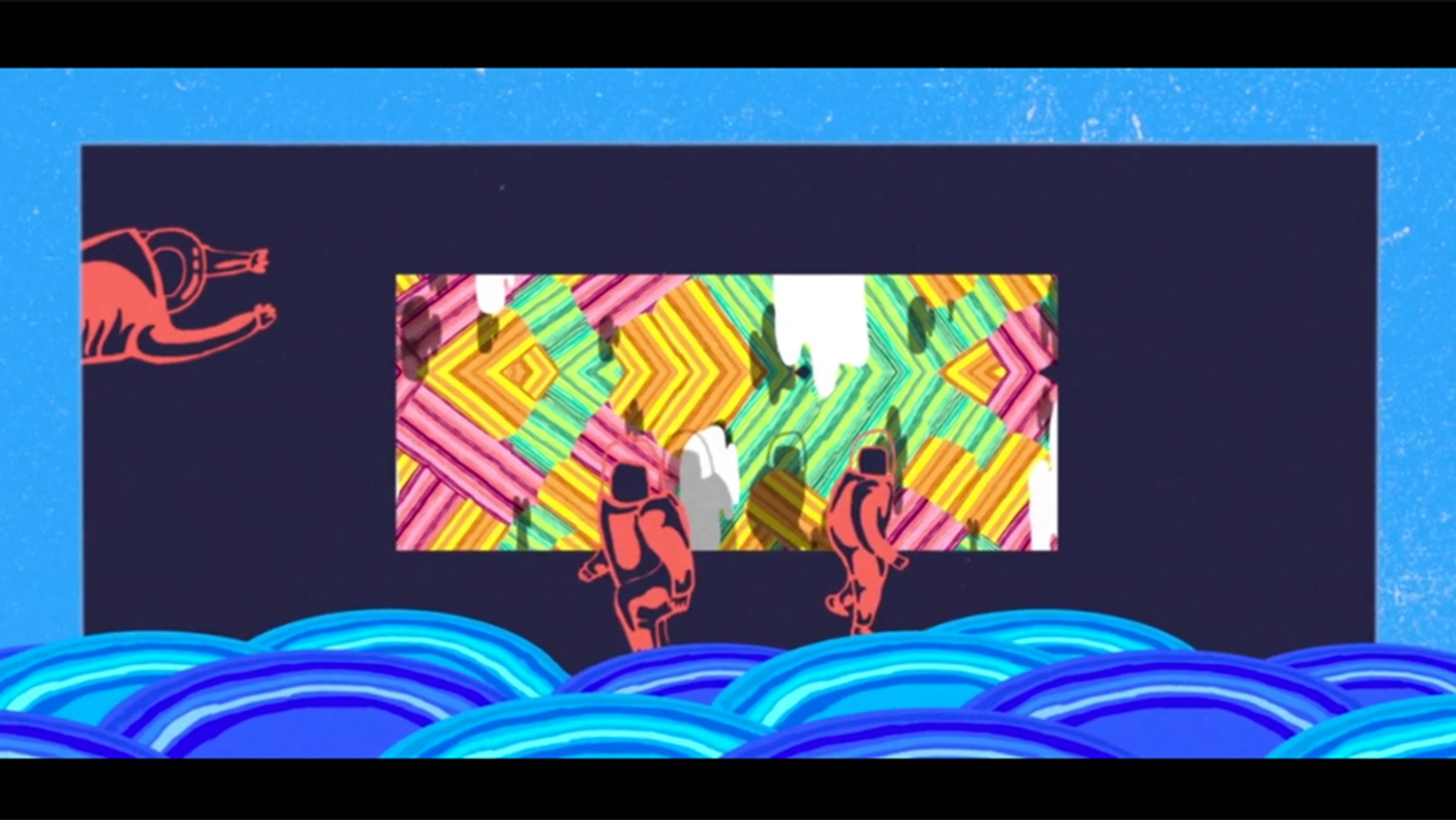 Colourful geometric pattern painting with orange divers in an abstract blue ocean. A black rectangle frames the central artwork.