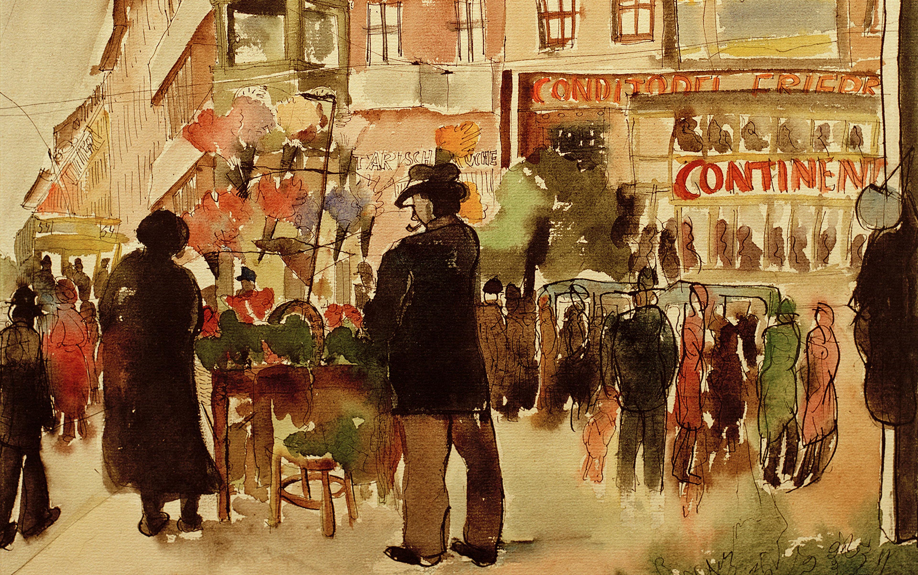 Watercolour painting of a busy street market with people, buildings, shops and a vendor stall with colourful flowers.
