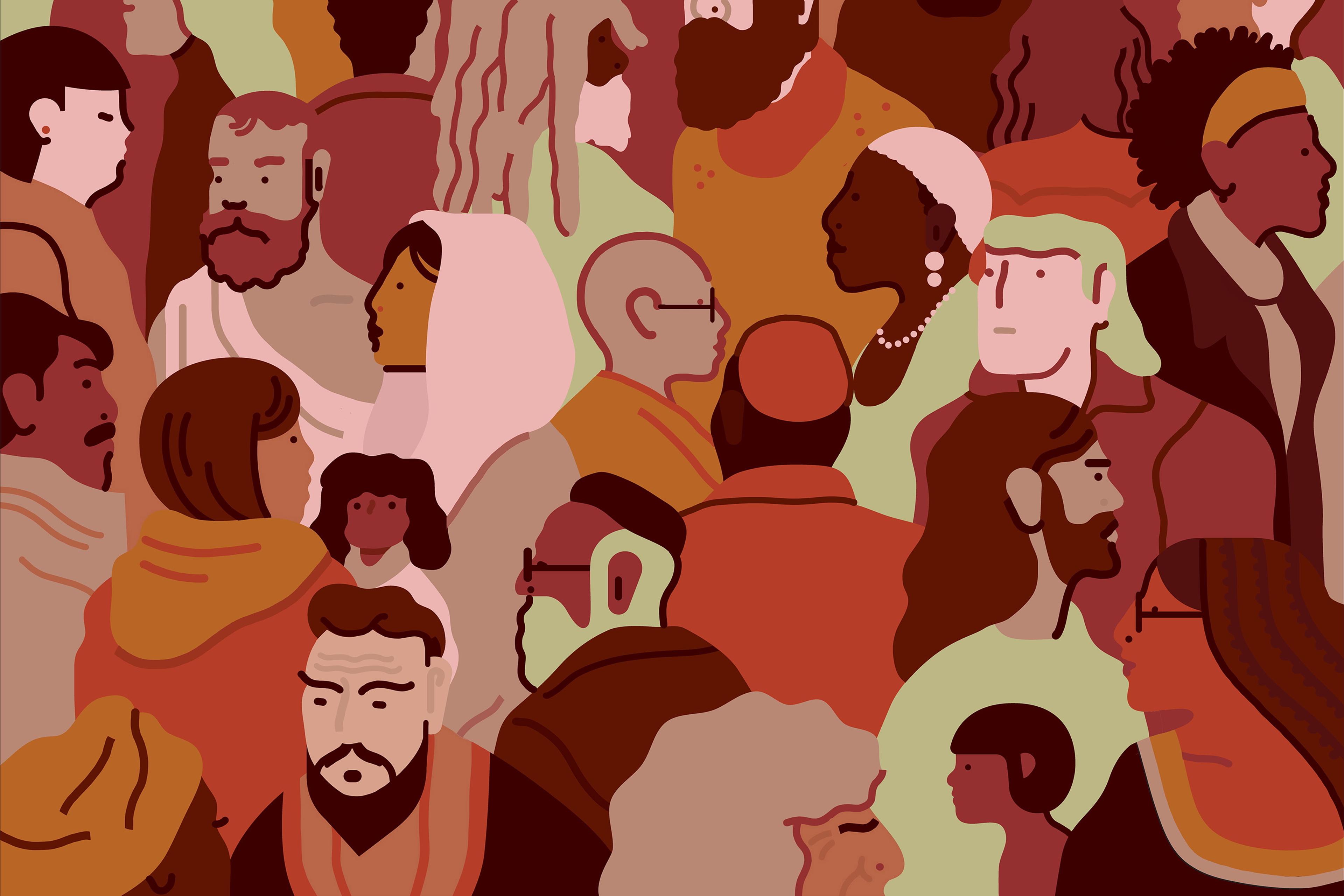 Illustration of diverse people in warm tones, depicting a crowded scene with varied clothing and hairstyles.