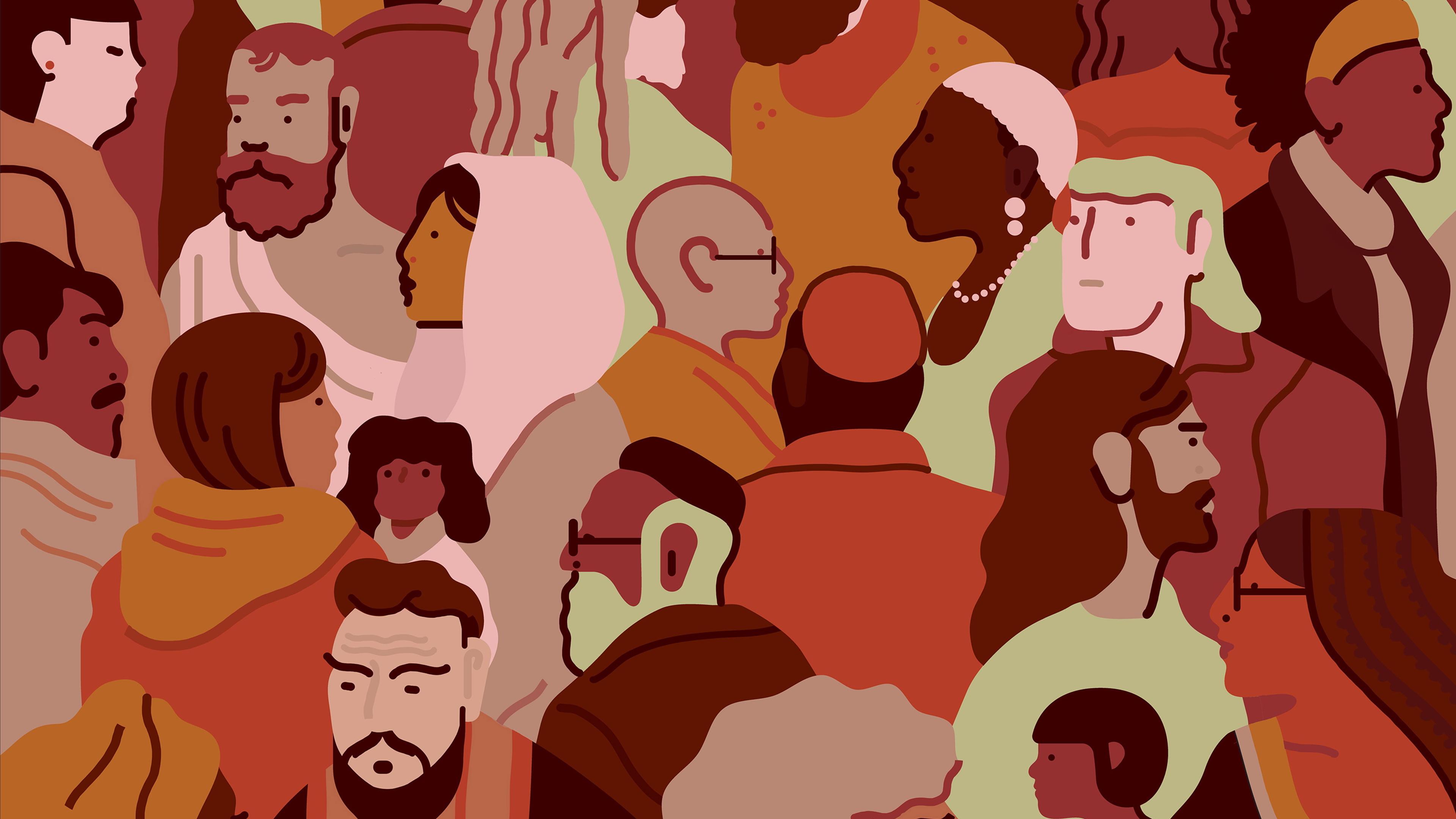 Illustration of diverse people in warm tones, depicting a crowded scene with varied clothing and hairstyles.