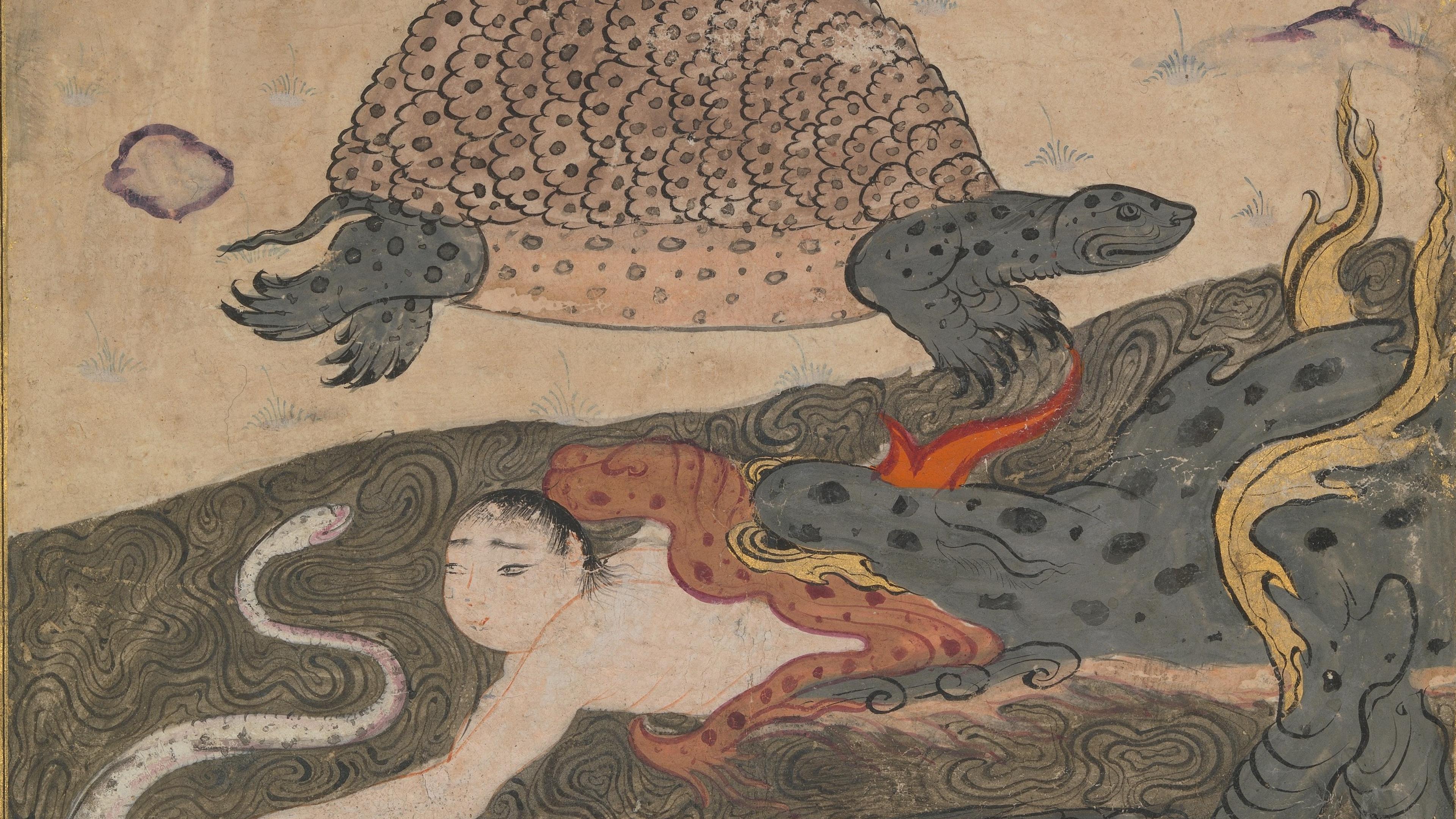 Illustration of a mythical scene with a person, snakes, and a turtle in a stylised landscape. Traditional Persian art style.